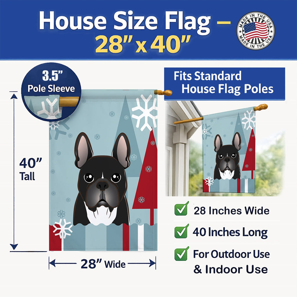Winter Holiday French Bulldog House Flag 28x40 Porch Sleeve Pole Decorative Outside Yard Banner Artwork Wall Hanging, Polyester