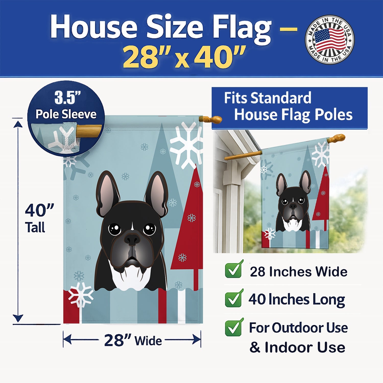Winter Holiday French Bulldog House Flag 28x40 Porch Sleeve Pole Decorative Outside Yard Banner Artwork Wall Hanging, Polyester