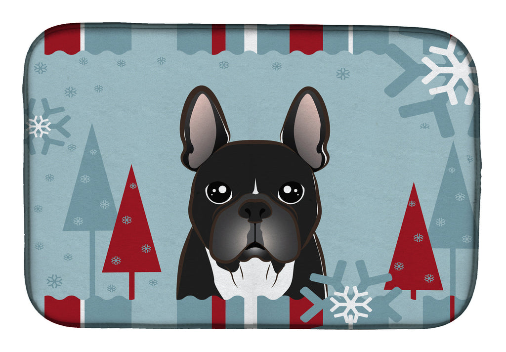 Winter Holiday French Bulldog Dish Drying Mat Absorbent Dish Drying Mat Pad for Kitchen Counter Dish Drainer Mat for Countertop, 14 x 21", Multicolor