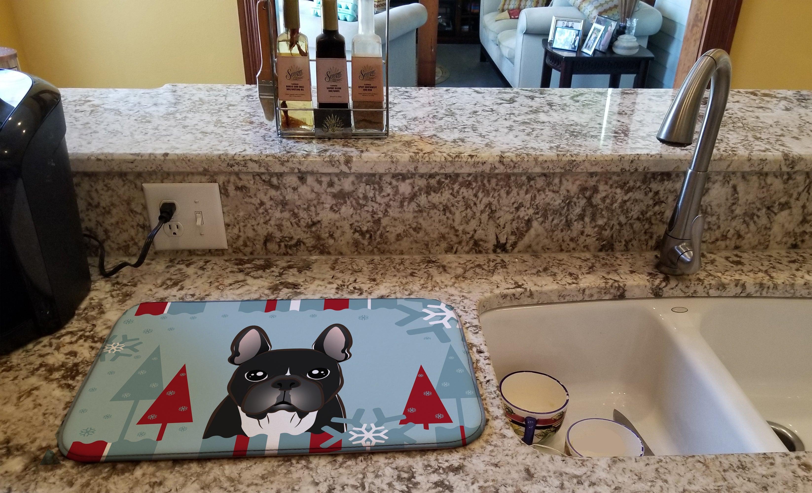 Winter Holiday French Bulldog Dish Drying Mat Absorbent Dish Drying Mat Pad for Kitchen Counter Dish Drainer Mat for Countertop, 14 x 21", Multicolor