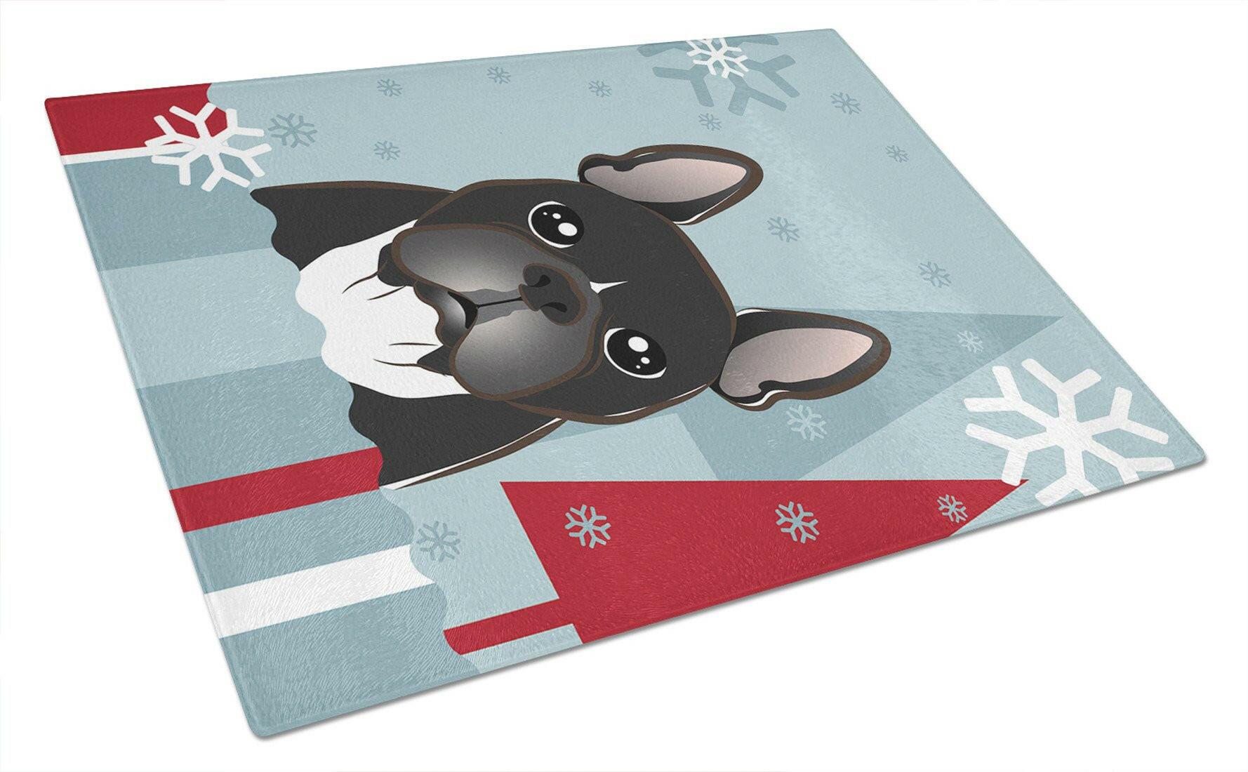 Winter Holiday French Bulldog Cutting Board Tempered Glass Kitchen Cutting Surface, Heat Resistant Chopping, Non-Slip Feet, Food Prep & Serving