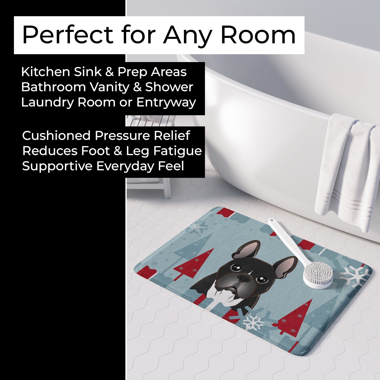 Winter Holiday French Bulldog Memory Foam Kitchen Mat Machine Washable Anti-Fatigue Cushion Comfort Bath or Kitchen Rug