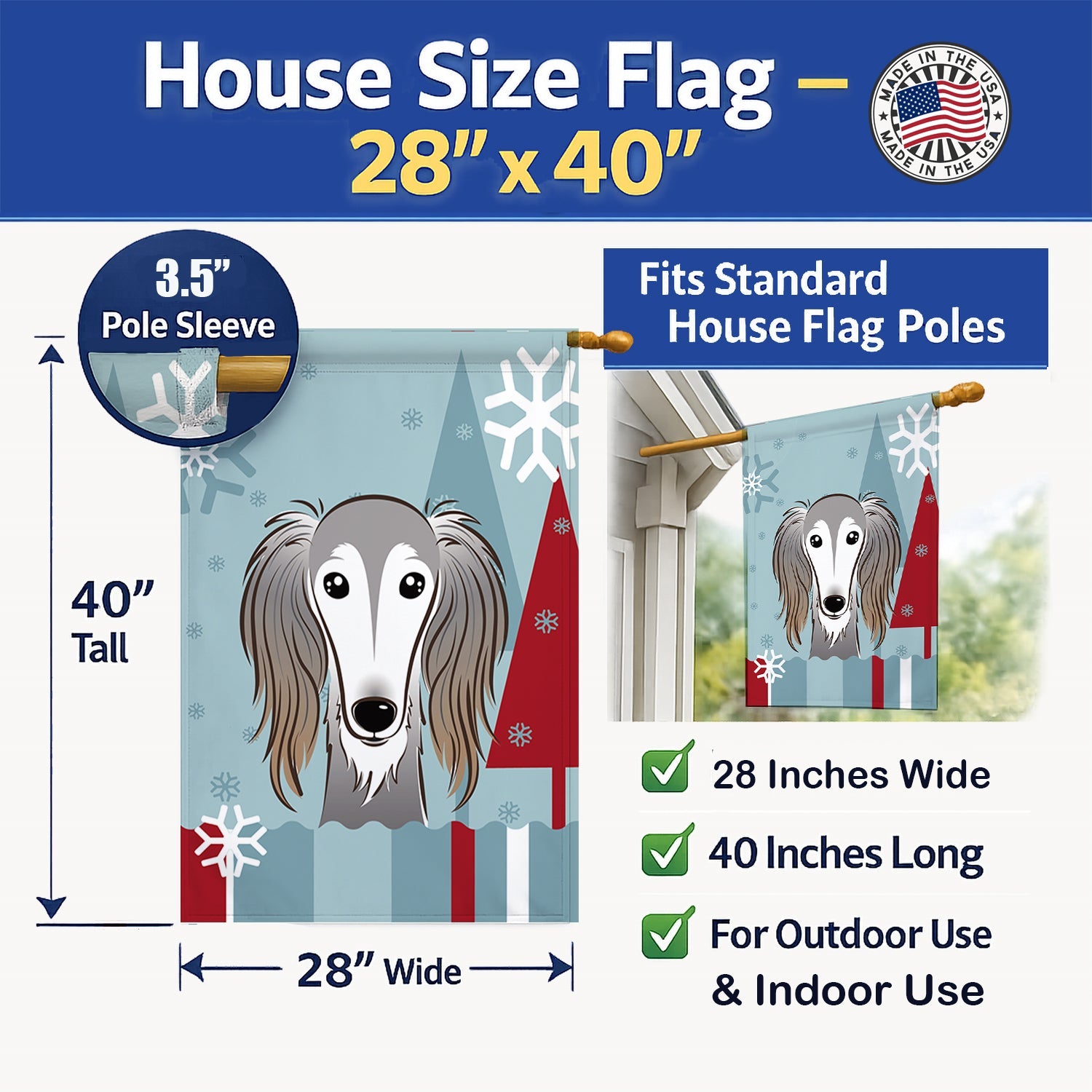 Winter Holiday Saluki House Flag 28x40 Porch Sleeve Pole Decorative Outside Yard Banner Artwork Wall Hanging, Polyester