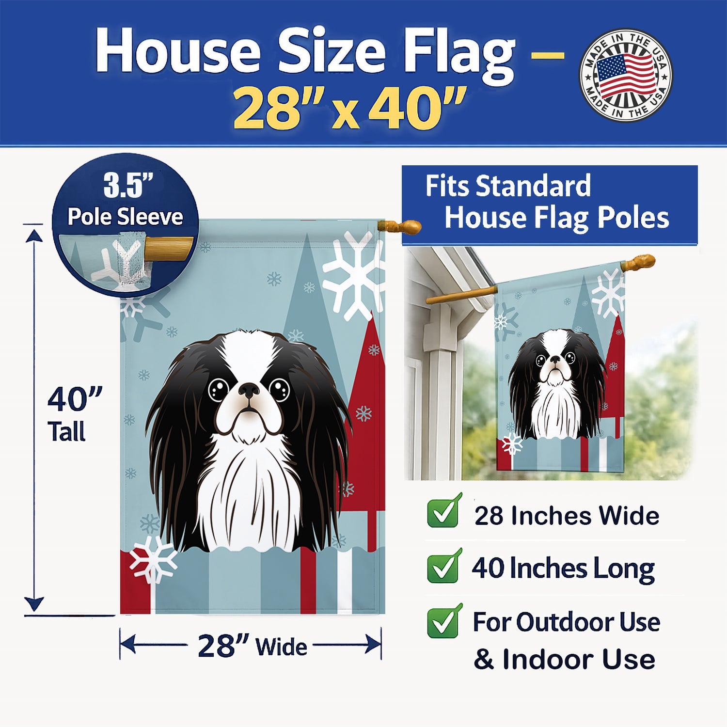Winter Holiday Japanese Chin House Flag 28x40 Porch Sleeve Pole Decorative Outside Yard Banner Artwork Wall Hanging, Polyester