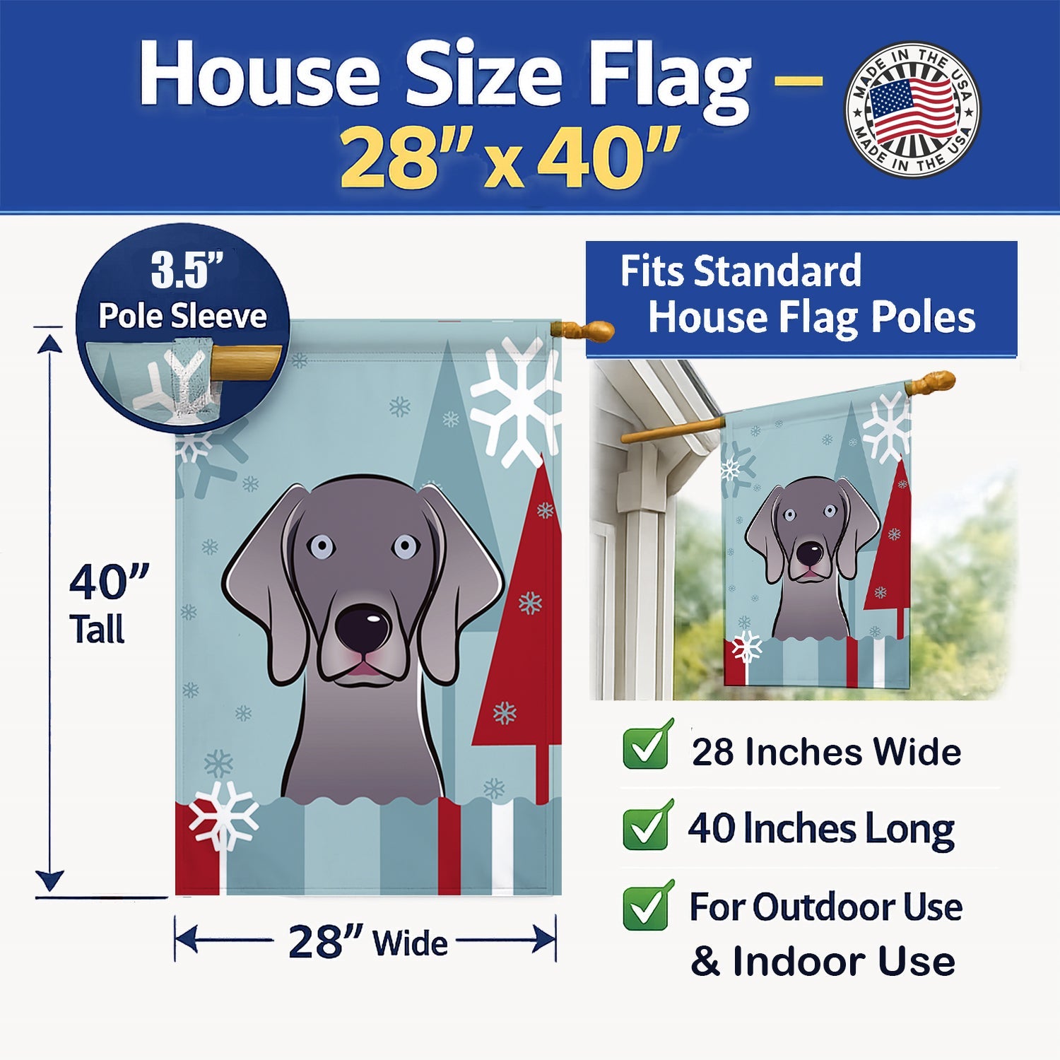 Winter Holiday Weimaraner House Flag 28x40 Porch Sleeve Pole Decorative Outside Yard Banner Artwork Wall Hanging, Polyester