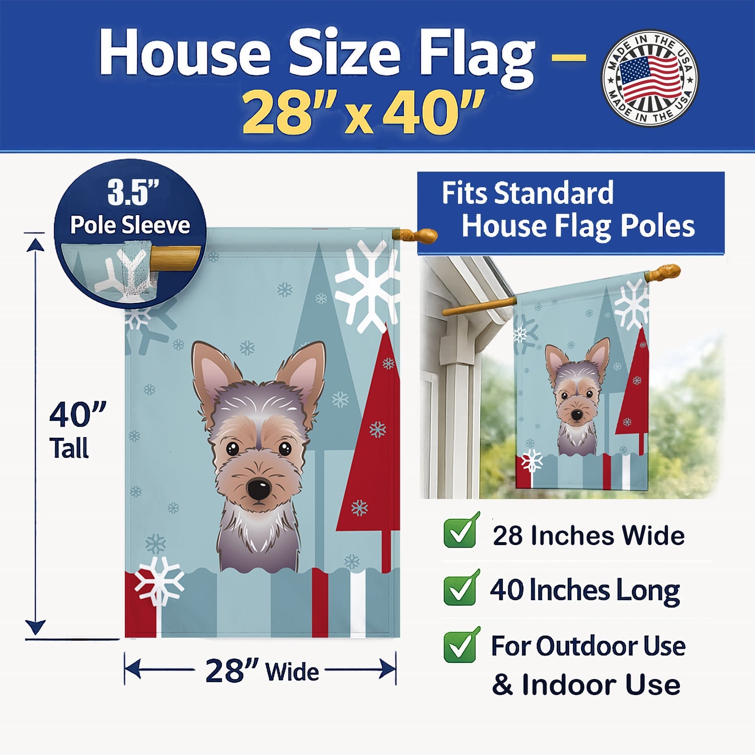 Winter Holiday Yorkie Puppy House Flag 28x40 Porch Sleeve Pole Decorative Outside Yard Banner Artwork Wall Hanging, Polyester