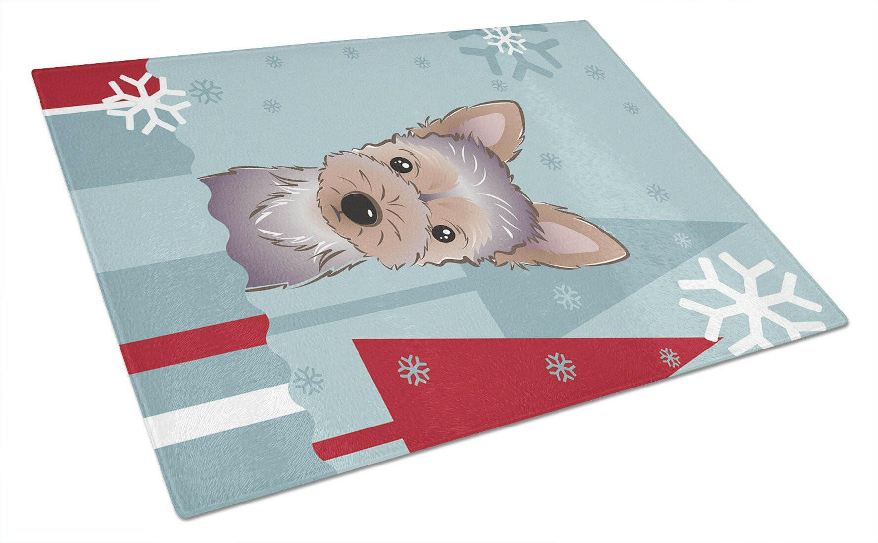 Winter Holiday Yorkie Puppy Cutting Board Tempered Glass Kitchen Cutting Surface, Heat Resistant Chopping, Non-Slip Feet, Food Prep & Serving