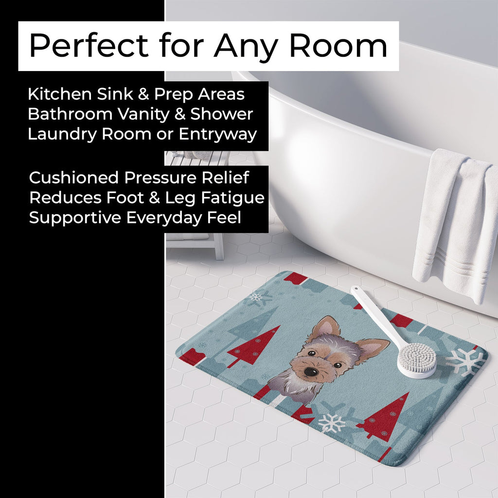 Winter Holiday Yorkie Puppy Memory Foam Kitchen Mat Machine Washable Anti-Fatigue Cushion Comfort Bath or Kitchen Rug