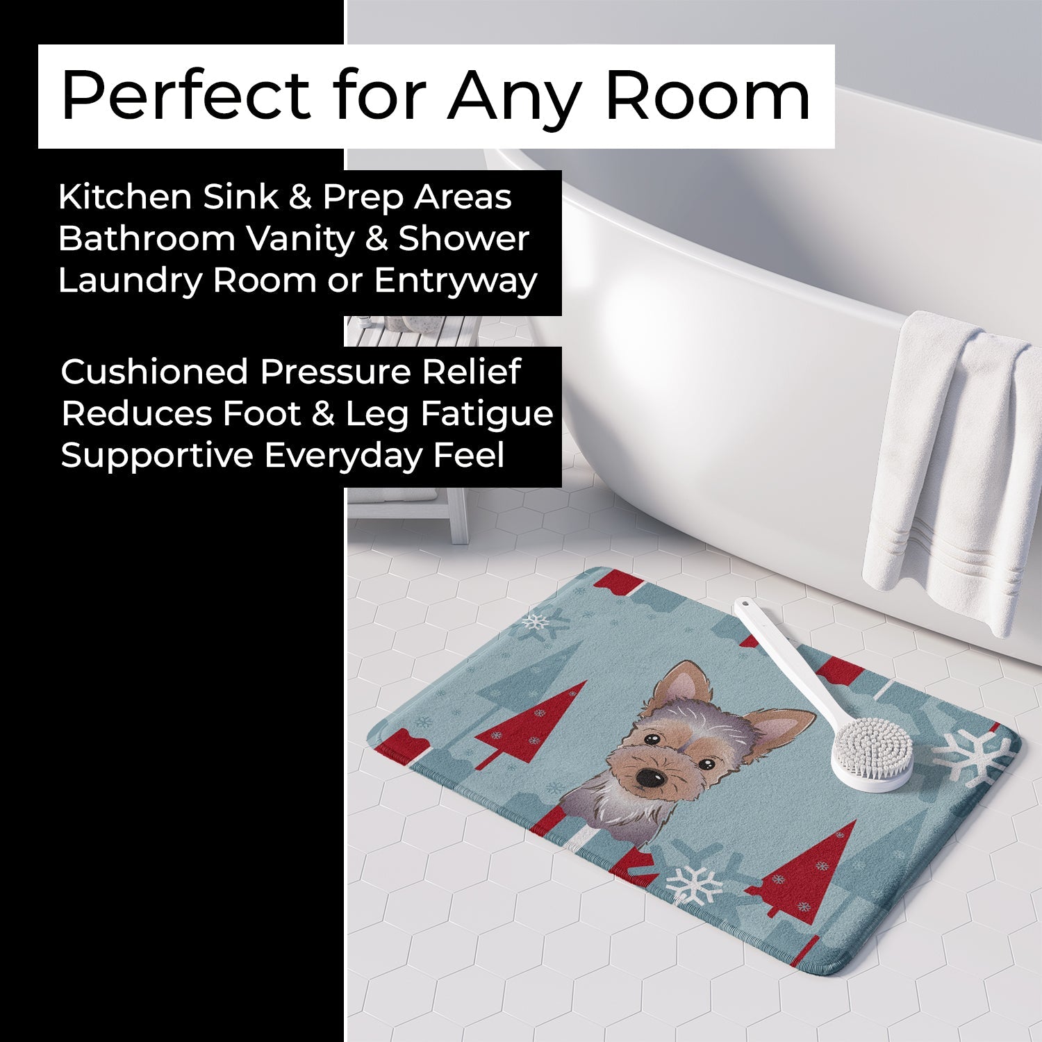 Winter Holiday Yorkie Puppy Memory Foam Kitchen Mat Machine Washable Anti-Fatigue Cushion Comfort Bath or Kitchen Rug