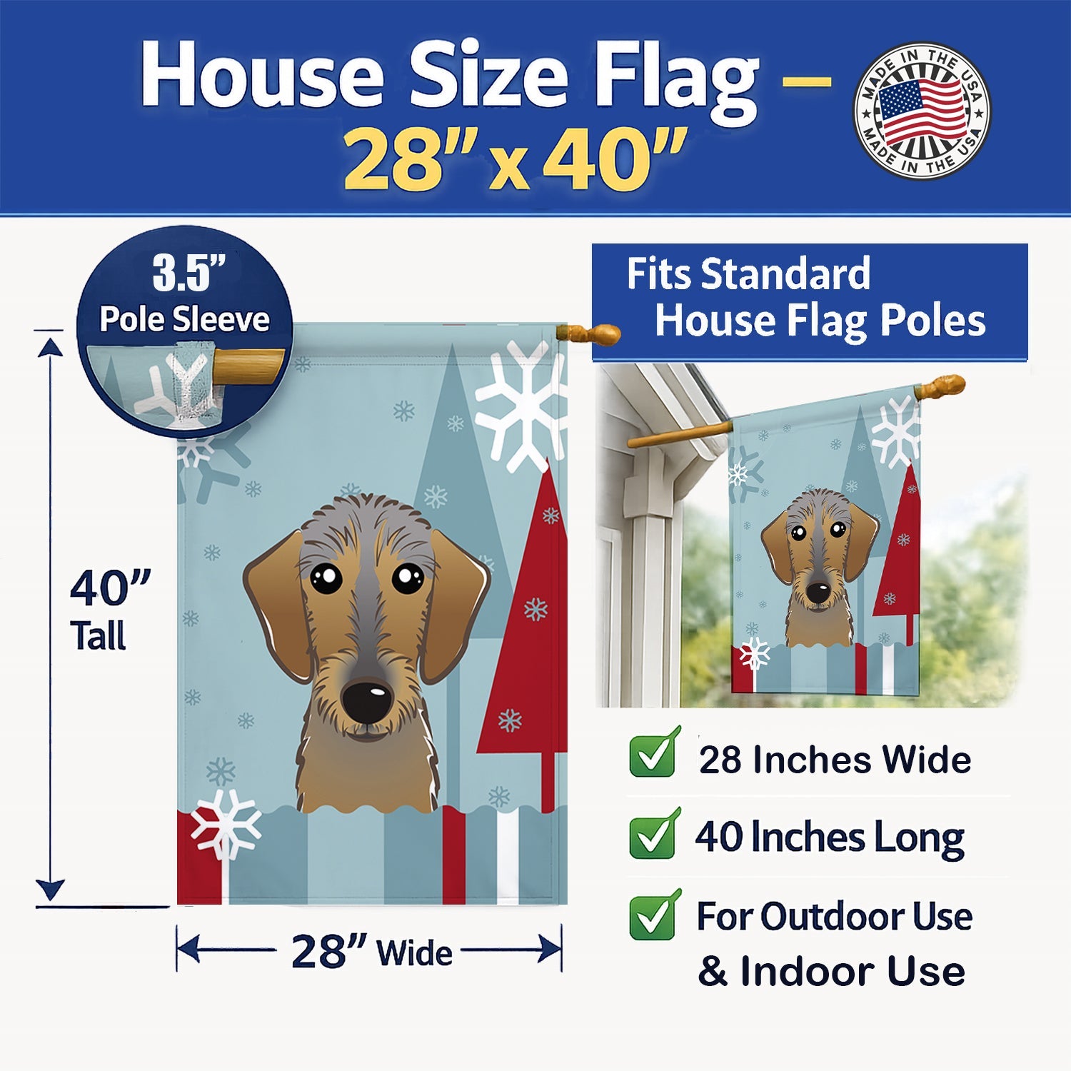 Winter Holiday Wirehaired Dachshund House Flag 28x40 Porch Sleeve Pole Decorative Outside Yard Banner Artwork Wall Hanging, Polyester