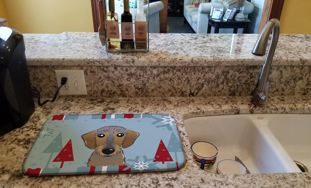 Winter Holiday Wirehaired Dachshund Dish Drying Mat Absorbent Dish Drying Mat Pad for Kitchen Counter Dish Drainer Mat for Countertop, 14 x 21", Multicolor