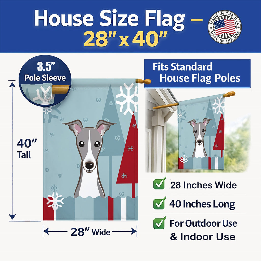 Winter Holiday Italian Greyhound House Flag 28x40 Porch Sleeve Pole Decorative Outside Yard Banner Artwork Wall Hanging, Polyester