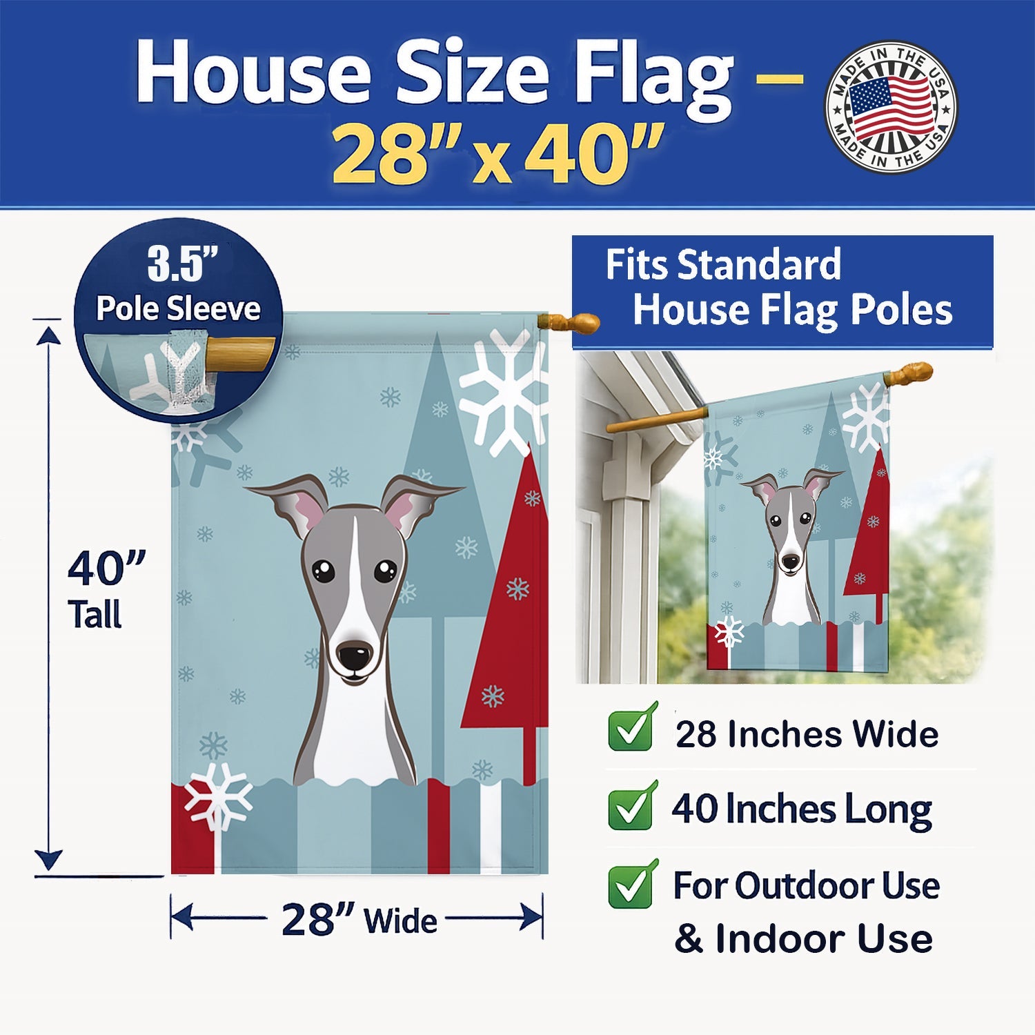 Winter Holiday Italian Greyhound House Flag 28x40 Porch Sleeve Pole Decorative Outside Yard Banner Artwork Wall Hanging, Polyester