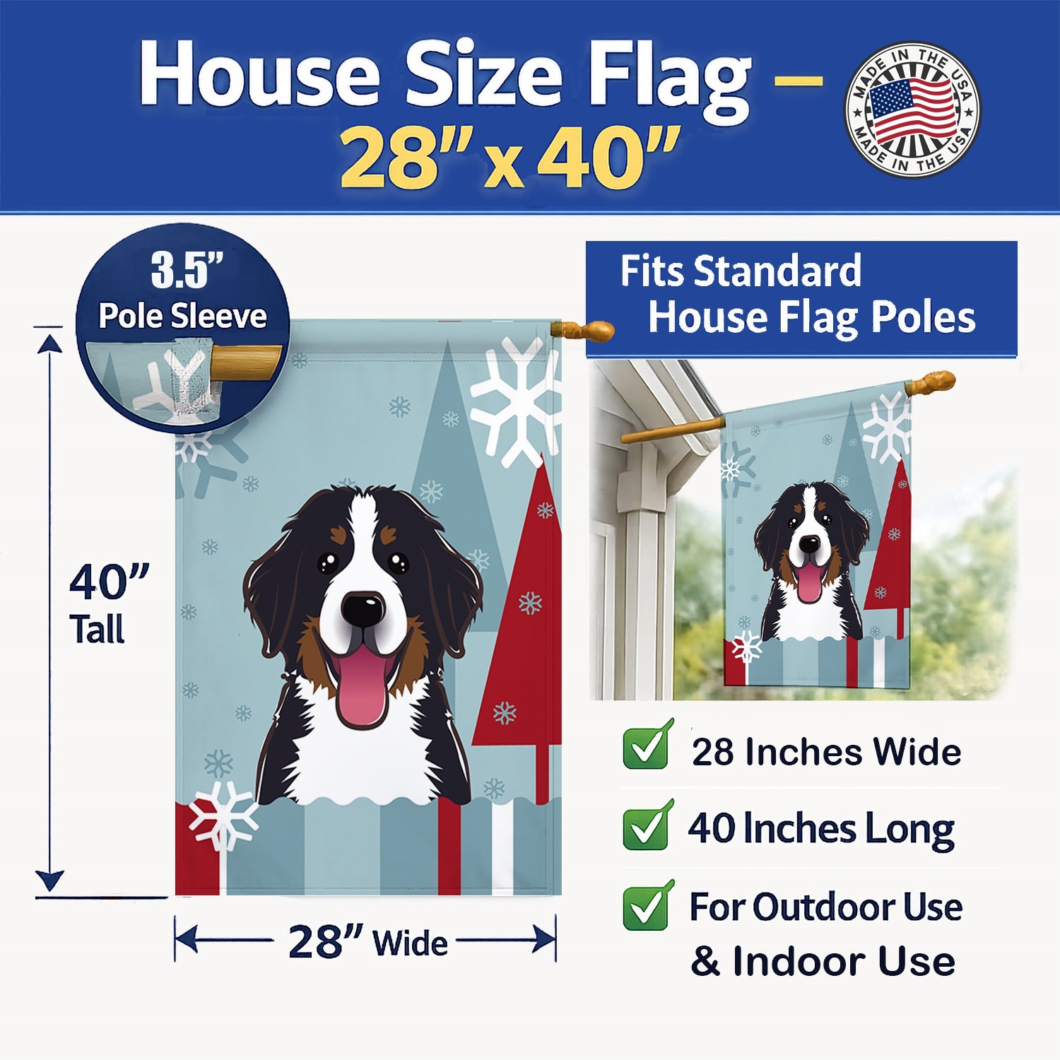 Winter Holiday Bernese Mountain Dog House Flag 28x40 Porch Sleeve Pole Decorative Outside Yard Banner Artwork Wall Hanging, Polyester