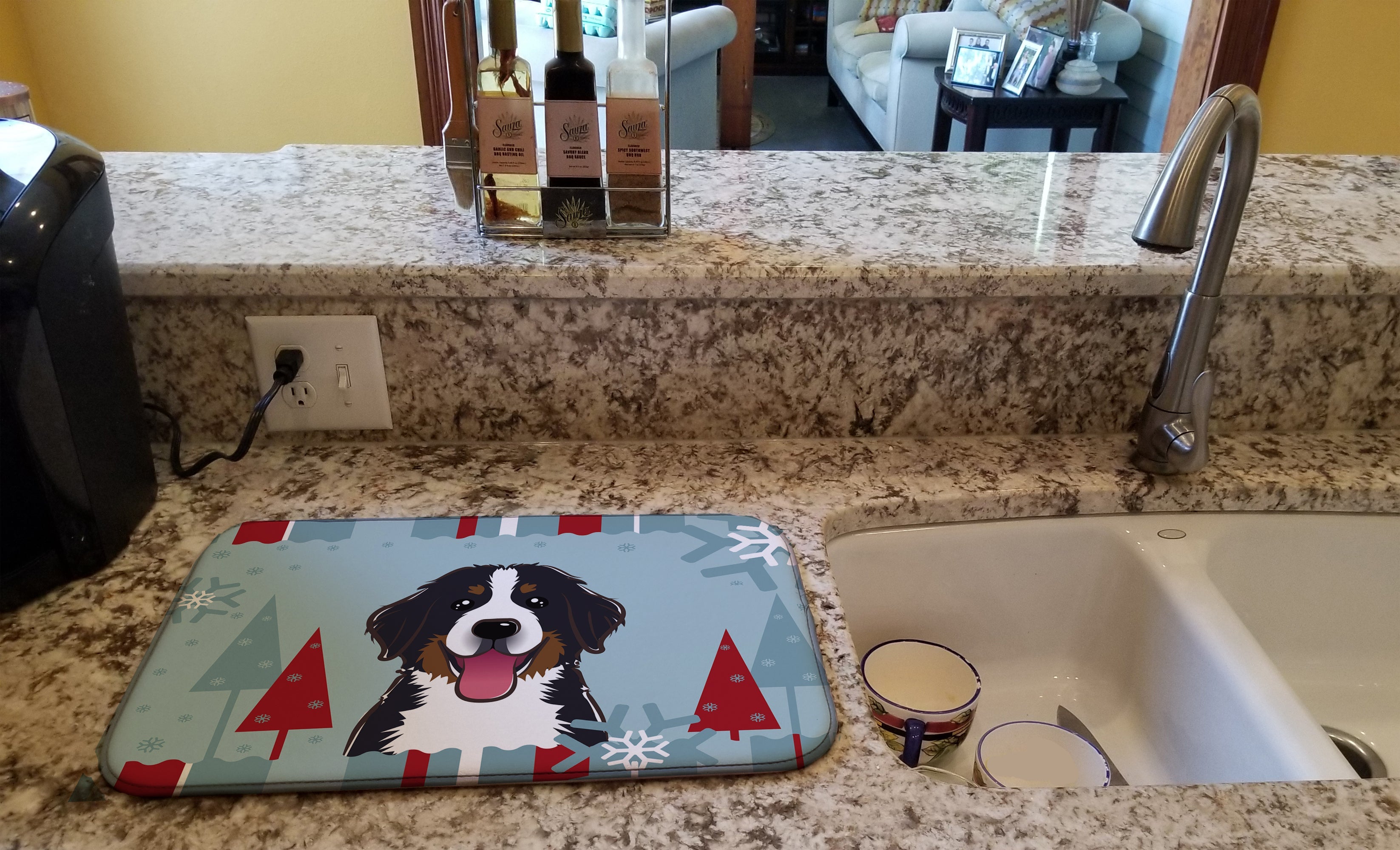 Winter Holiday Bernese Mountain Dog Dish Drying Mat Absorbent Dish Drying Mat Pad for Kitchen Counter Dish Drainer Mat for Countertop, 14 x 21", Multicolor