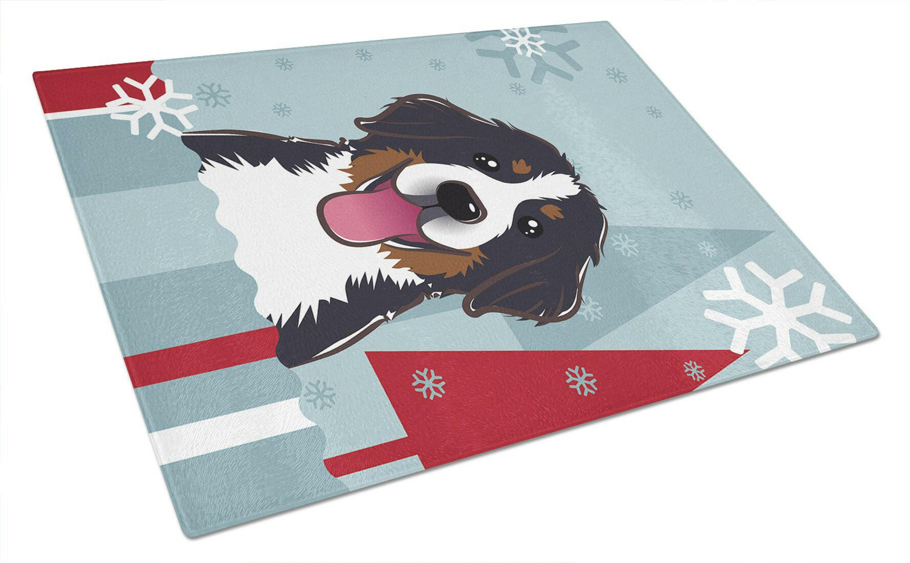 Winter Holiday Bernese Mountain Dog Cutting Board Tempered Glass Kitchen Cutting Surface, Heat Resistant Chopping, Non-Slip Feet, Food Prep & Serving