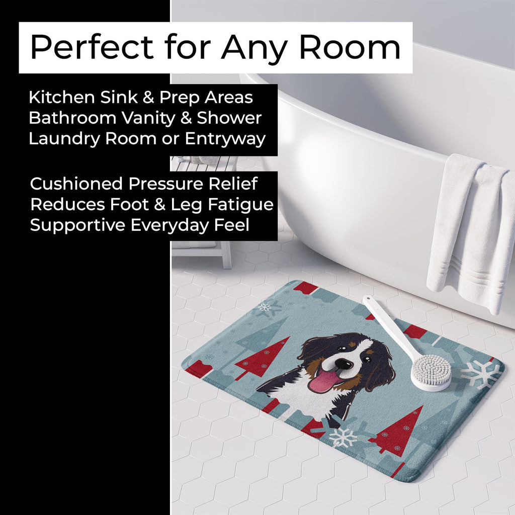 Winter Holiday Bernese Mountain Dog Memory Foam Kitchen Mat Machine Washable Anti-Fatigue Cushion Comfort Bath or Kitchen Rug