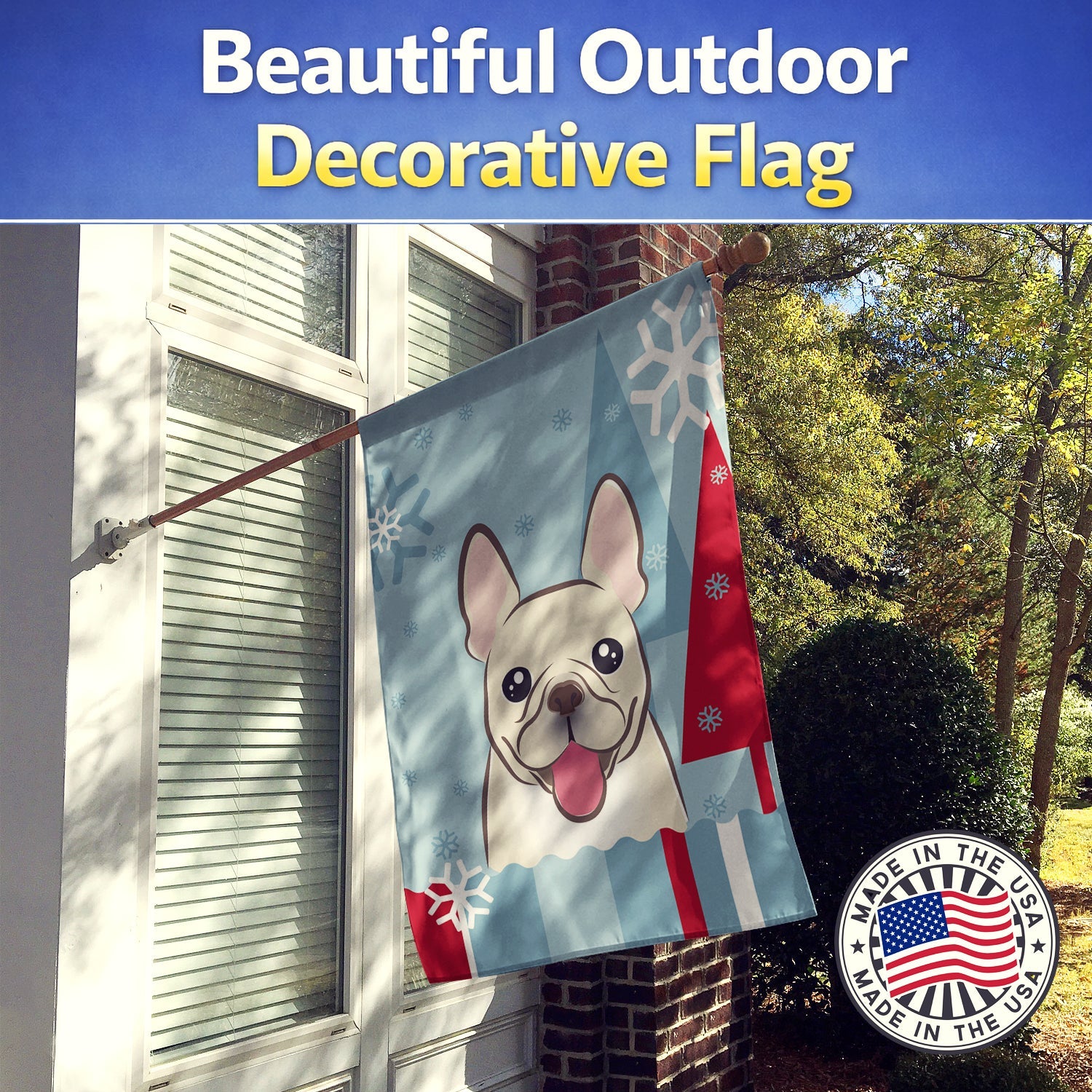 Winter Holiday French Bulldog House Flag 28x40 Porch Sleeve Pole Decorative Outside Yard Banner Artwork Wall Hanging, Polyester
