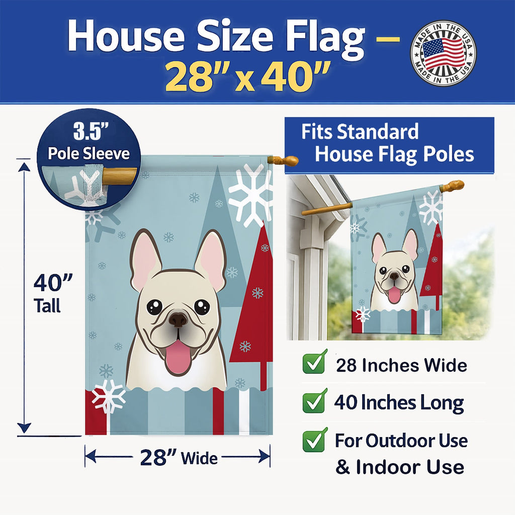 Winter Holiday French Bulldog House Flag 28x40 Porch Sleeve Pole Decorative Outside Yard Banner Artwork Wall Hanging, Polyester