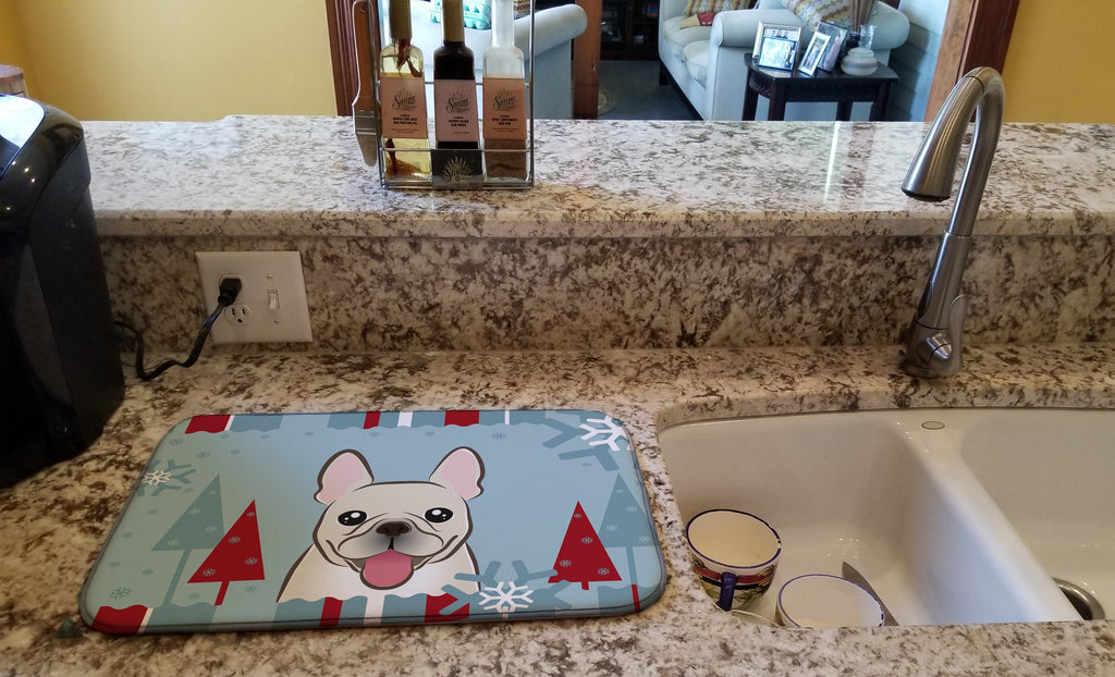 Winter Holiday French Bulldog Dish Drying Mat Absorbent Dish Drying Mat Pad for Kitchen Counter Dish Drainer Mat for Countertop, 14 x 21", Multicolor