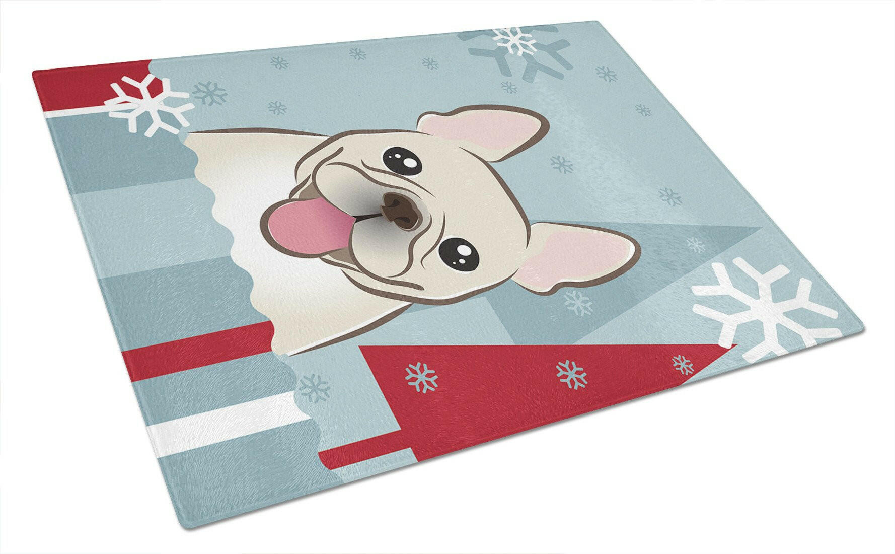 Winter Holiday French Bulldog Cutting Board Tempered Glass Kitchen Cutting Surface, Heat Resistant Chopping, Non-Slip Feet, Food Prep & Serving