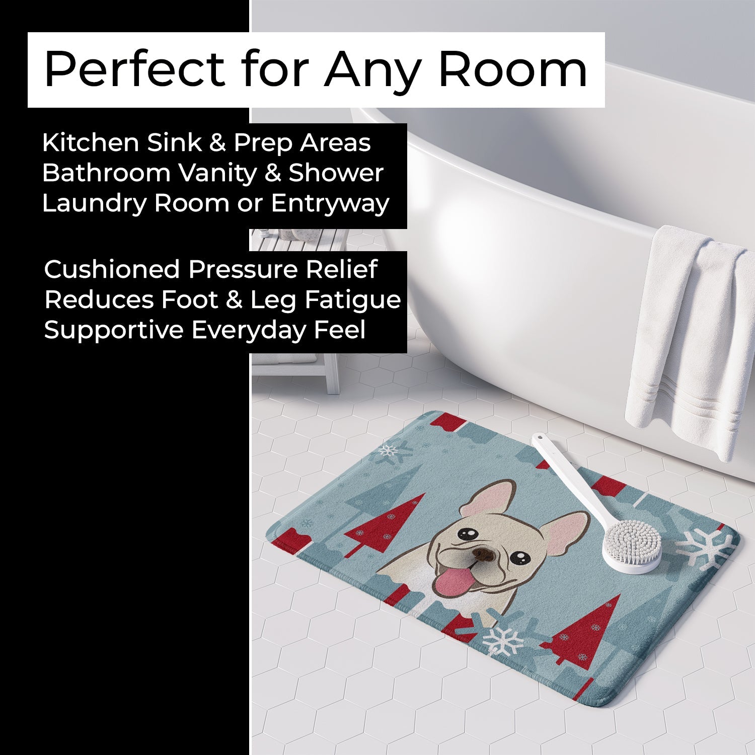 Winter Holiday French Bulldog Memory Foam Kitchen Mat Machine Washable Anti-Fatigue Cushion Comfort Bath or Kitchen Rug
