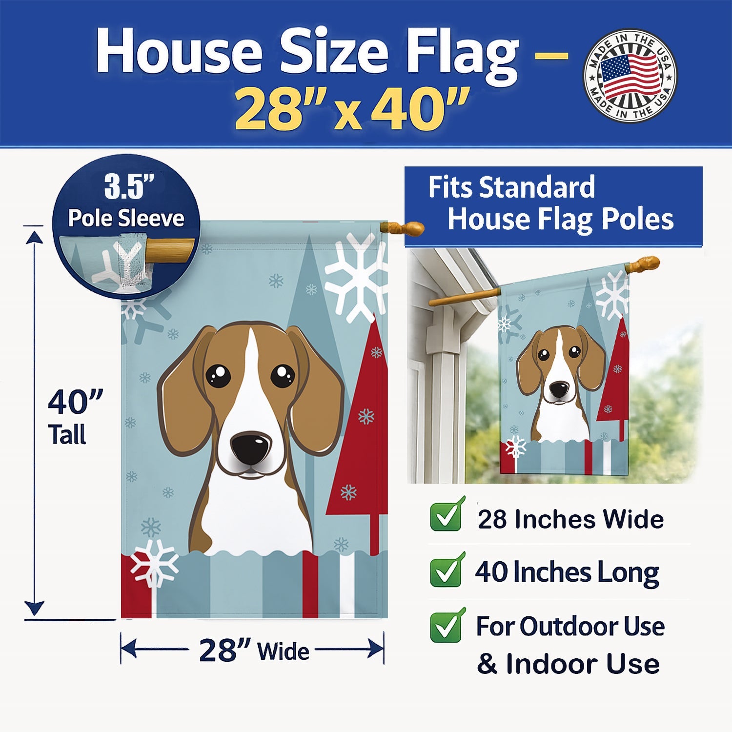 Winter Holiday Beagle House Flag 28x40 Porch Sleeve Pole Decorative Outside Yard Banner Artwork Wall Hanging, Polyester