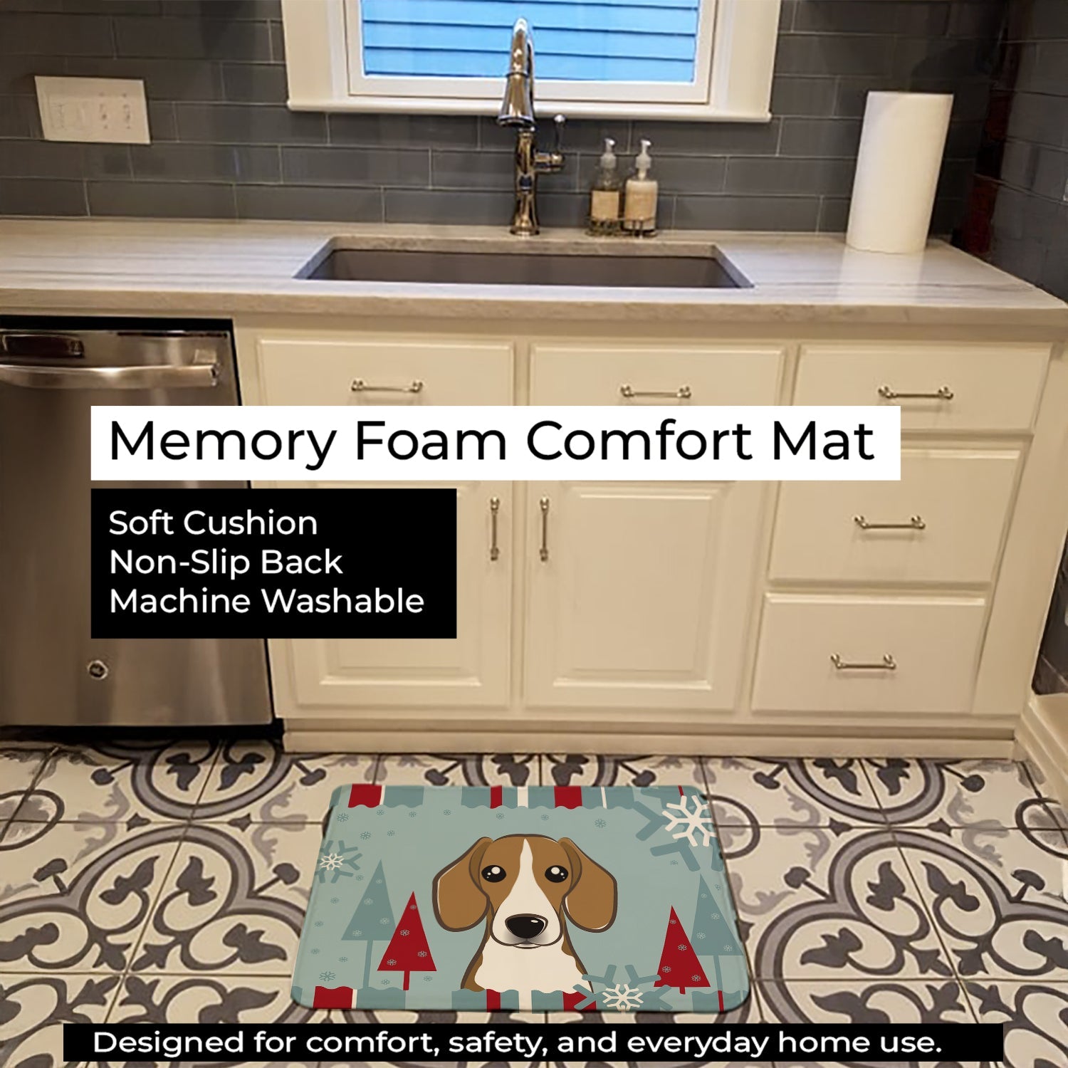 Winter Holiday Beagle Memory Foam Kitchen Mat Machine Washable Anti-Fatigue Cushion Comfort Bath or Kitchen Rug