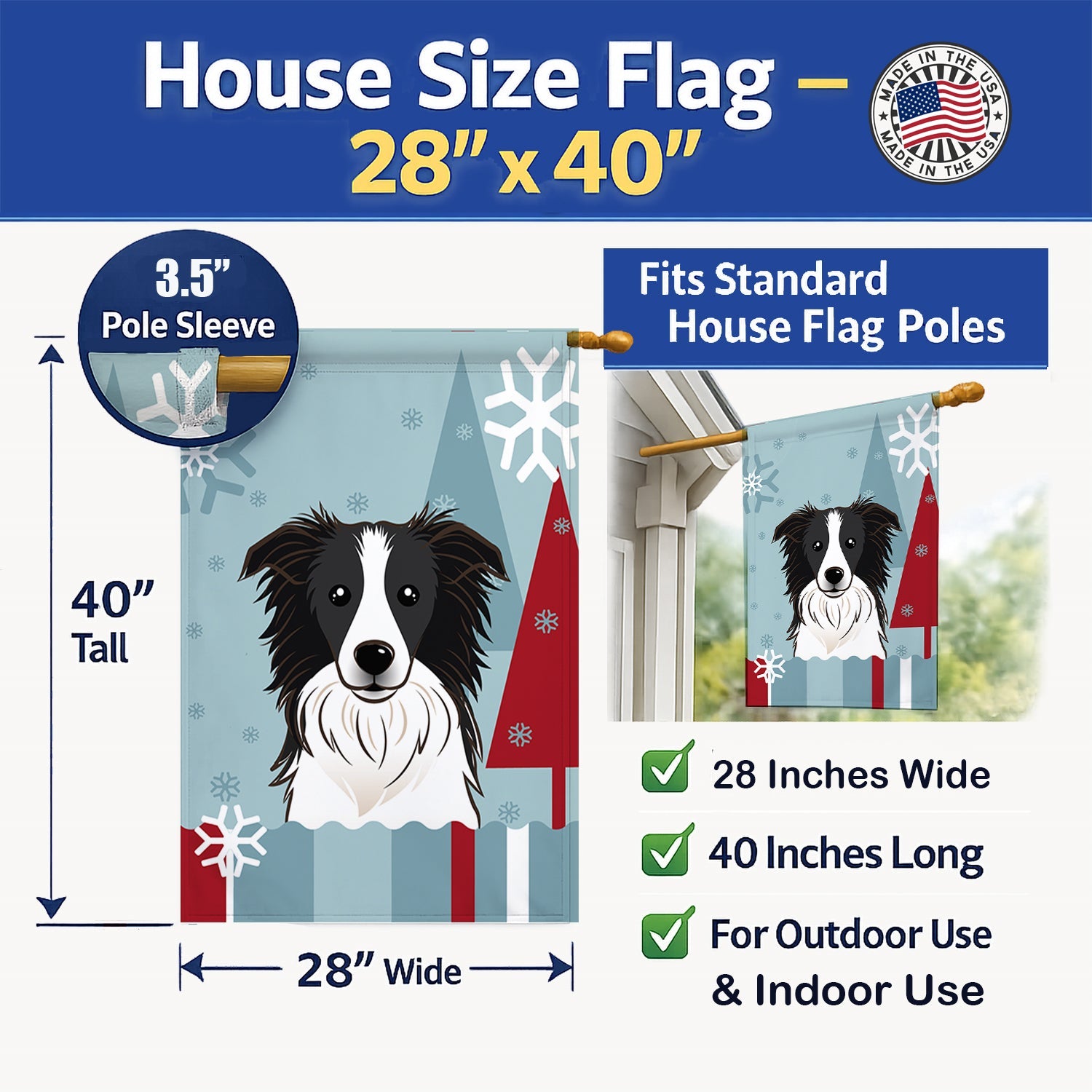 Winter Holiday Border Collie House Flag 28x40 Porch Sleeve Pole Decorative Outside Yard Banner Artwork Wall Hanging, Polyester
