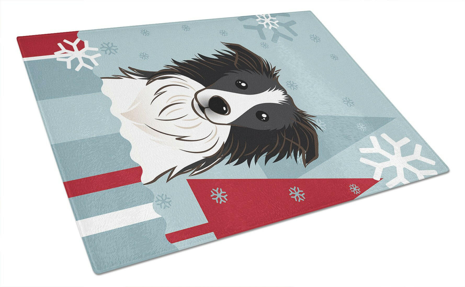 Winter Holiday Border Collie Cutting Board Tempered Glass Kitchen Cutting Surface, Heat Resistant Chopping, Non-Slip Feet, Food Prep & Serving