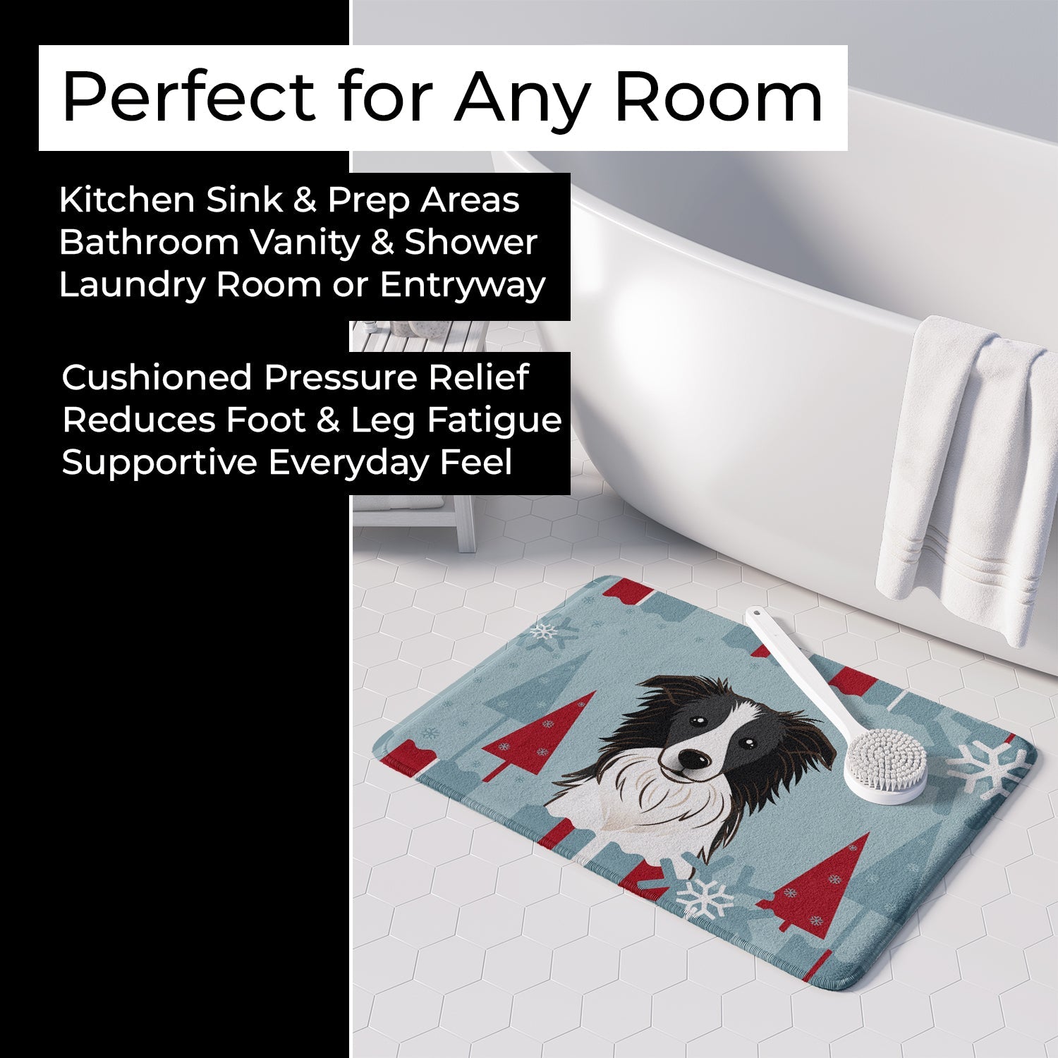 Winter Holiday Border Collie Memory Foam Kitchen Mat Machine Washable Anti-Fatigue Cushion Comfort Bath or Kitchen Rug