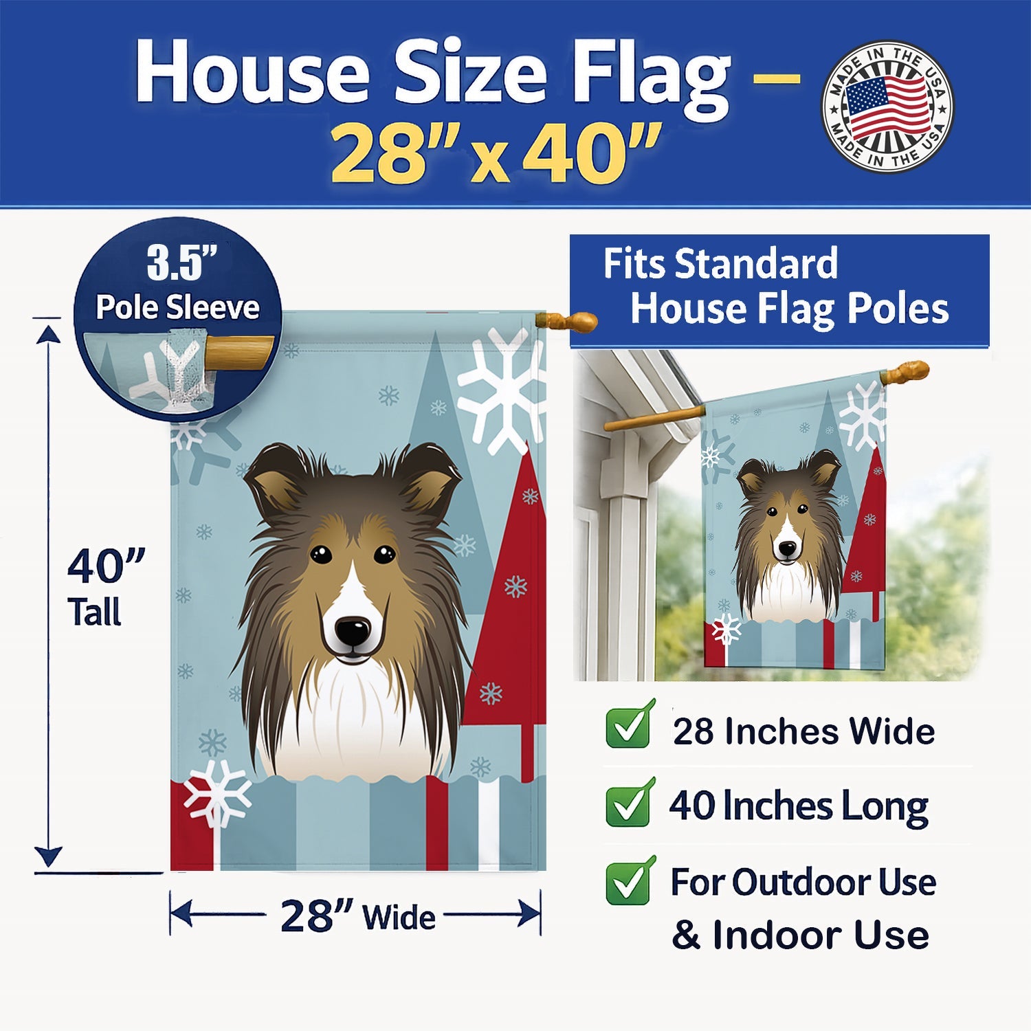 Winter Holiday Sheltie House Flag 28x40 Porch Sleeve Pole Decorative Outside Yard Banner Artwork Wall Hanging, Polyester