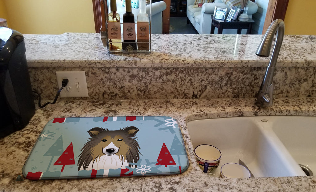 Winter Holiday Sheltie Dish Drying Mat Absorbent Dish Drying Mat Pad for Kitchen Counter Dish Drainer Mat for Countertop, 14 x 21", Multicolor