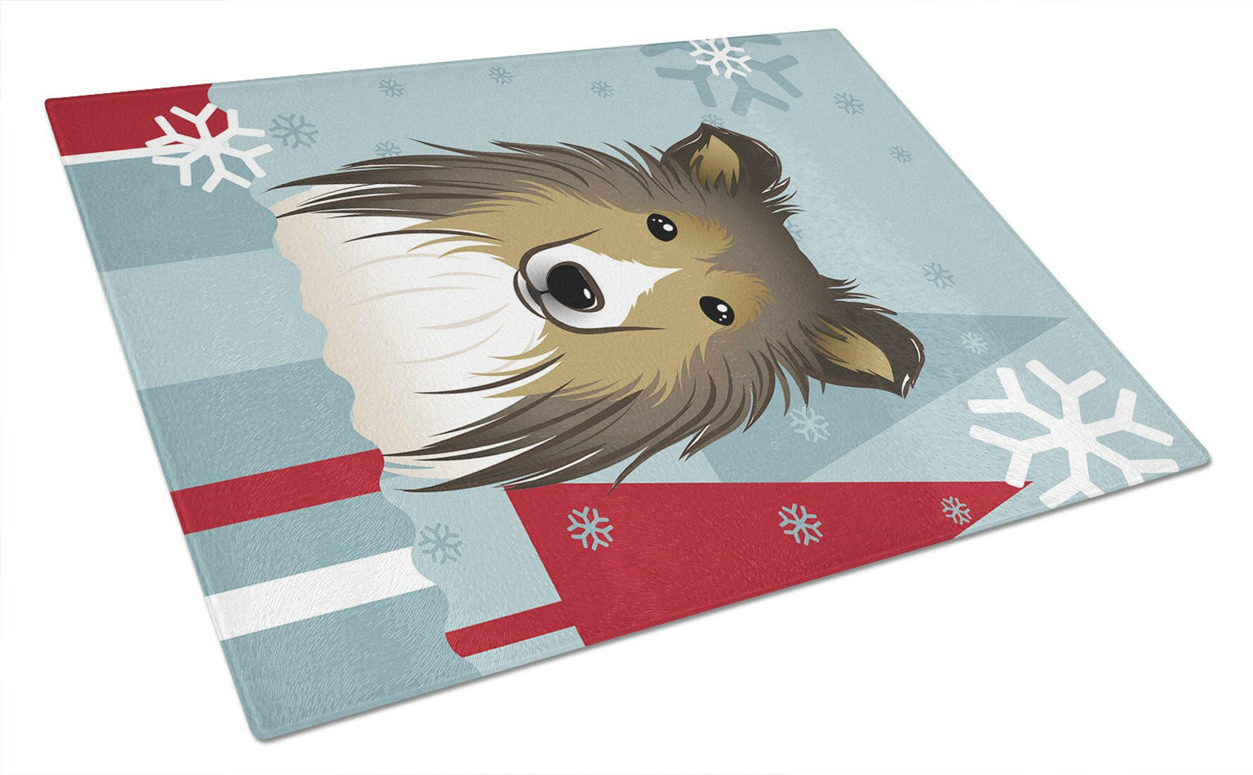 Winter Holiday Sheltie Cutting Board Tempered Glass Kitchen Cutting Surface, Heat Resistant Chopping, Non-Slip Feet, Food Prep & Serving