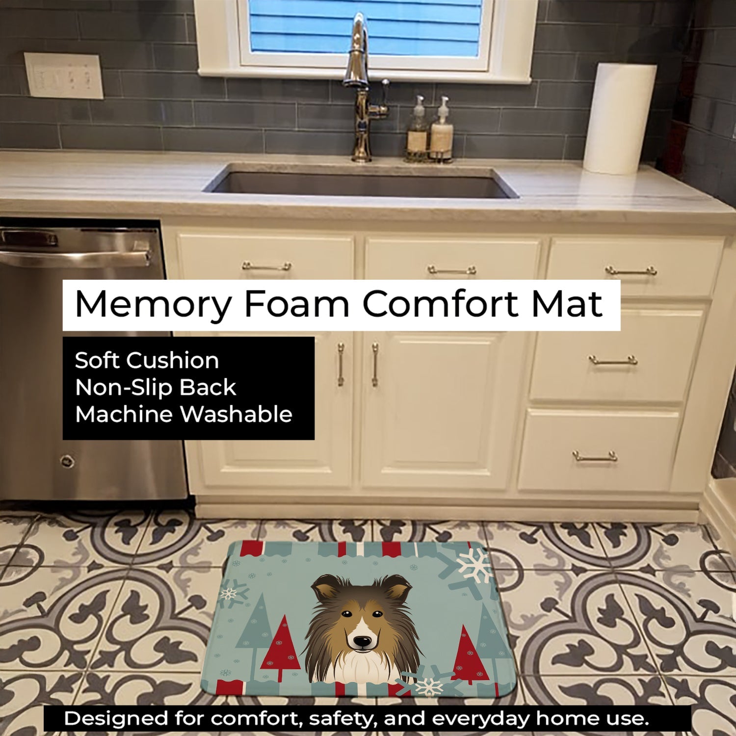 Winter Holiday Sheltie Memory Foam Kitchen Mat Machine Washable Anti-Fatigue Cushion Comfort Bath or Kitchen Rug