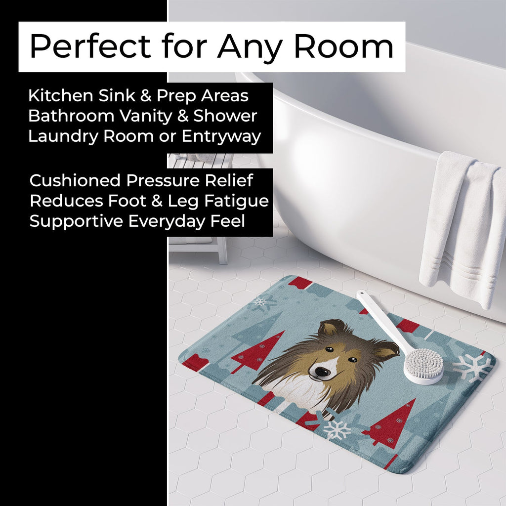 Winter Holiday Sheltie Memory Foam Kitchen Mat Machine Washable Anti-Fatigue Cushion Comfort Bath or Kitchen Rug