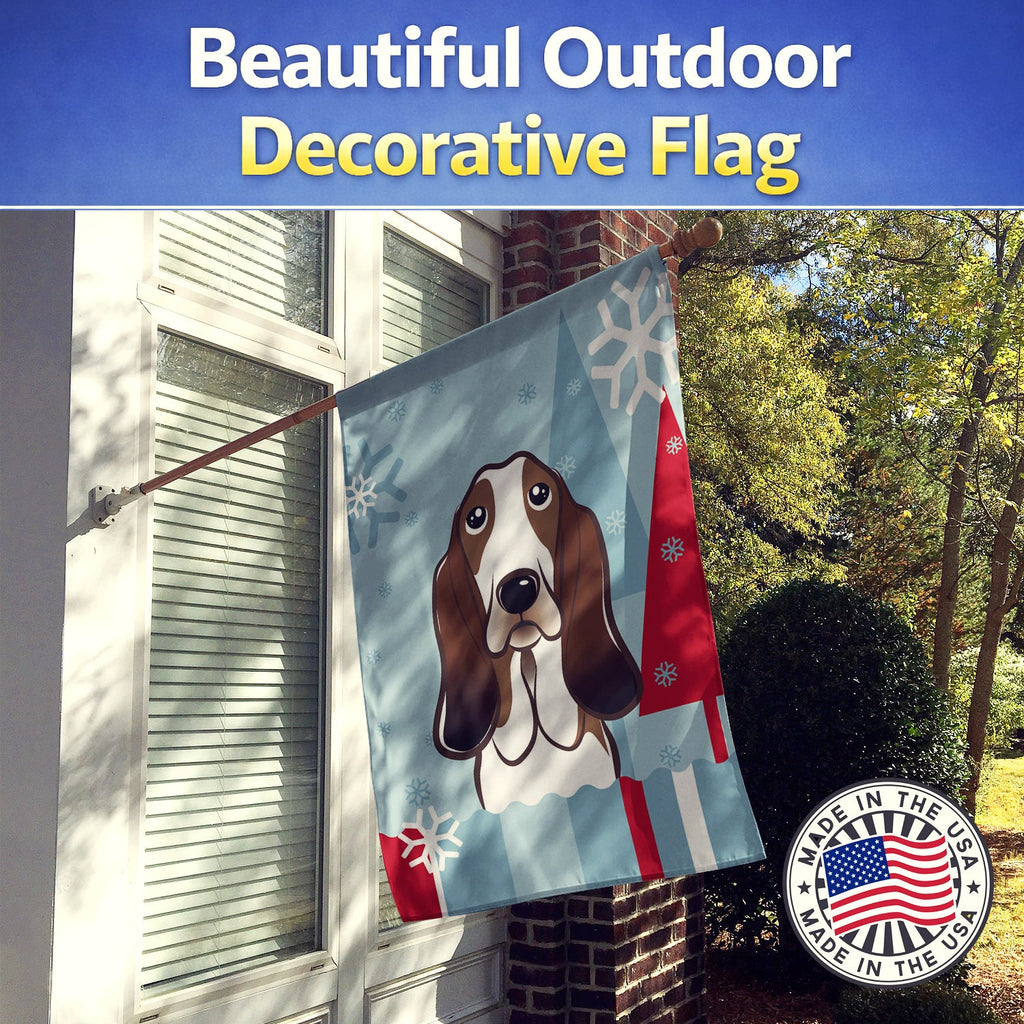 Winter Holiday Basset Hound House Flag 28x40 Porch Sleeve Pole Decorative Outside Yard Banner Artwork Wall Hanging, Polyester