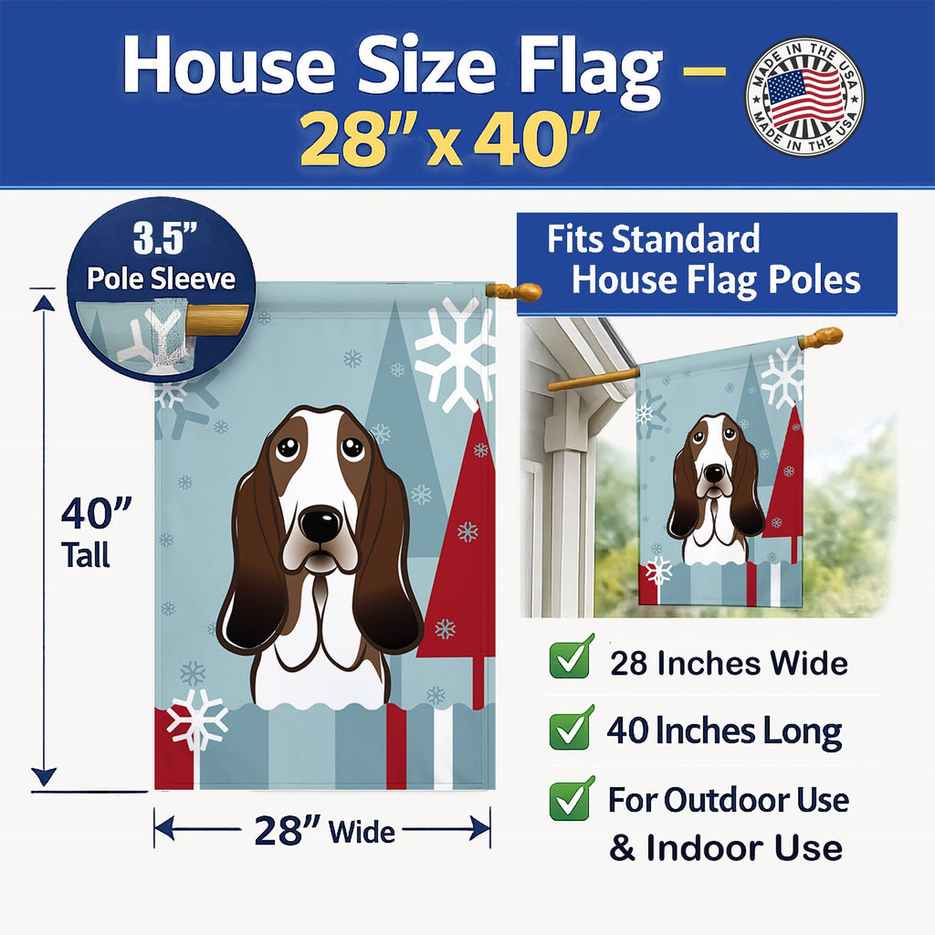 Winter Holiday Basset Hound House Flag 28x40 Porch Sleeve Pole Decorative Outside Yard Banner Artwork Wall Hanging, Polyester