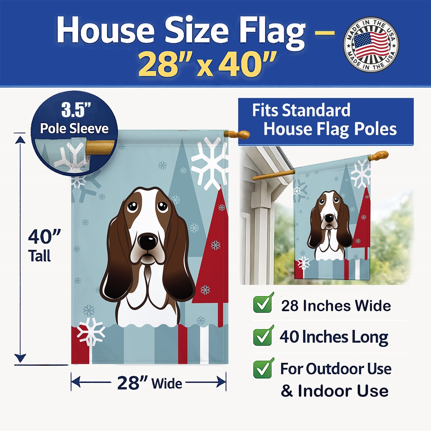 Winter Holiday Basset Hound House Flag 28x40 Porch Sleeve Pole Decorative Outside Yard Banner Artwork Wall Hanging, Polyester