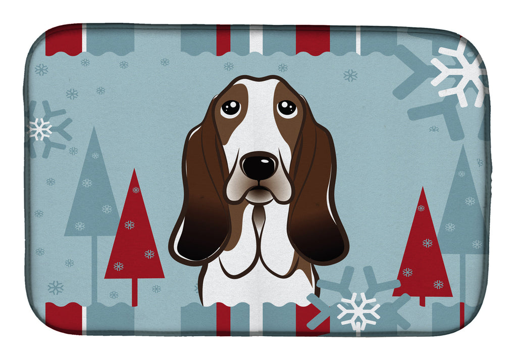 Winter Holiday Basset Hound Dish Drying Mat Absorbent Dish Drying Mat Pad for Kitchen Counter Dish Drainer Mat for Countertop, 14 x 21", Multicolor