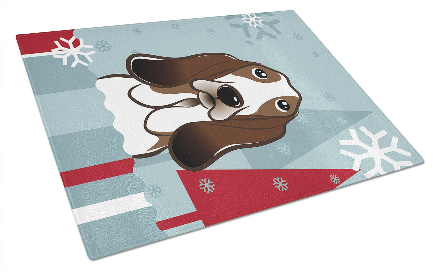 Winter Holiday Basset Hound Cutting Board Tempered Glass Kitchen Cutting Surface, Heat Resistant Chopping, Non-Slip Feet, Food Prep & Serving