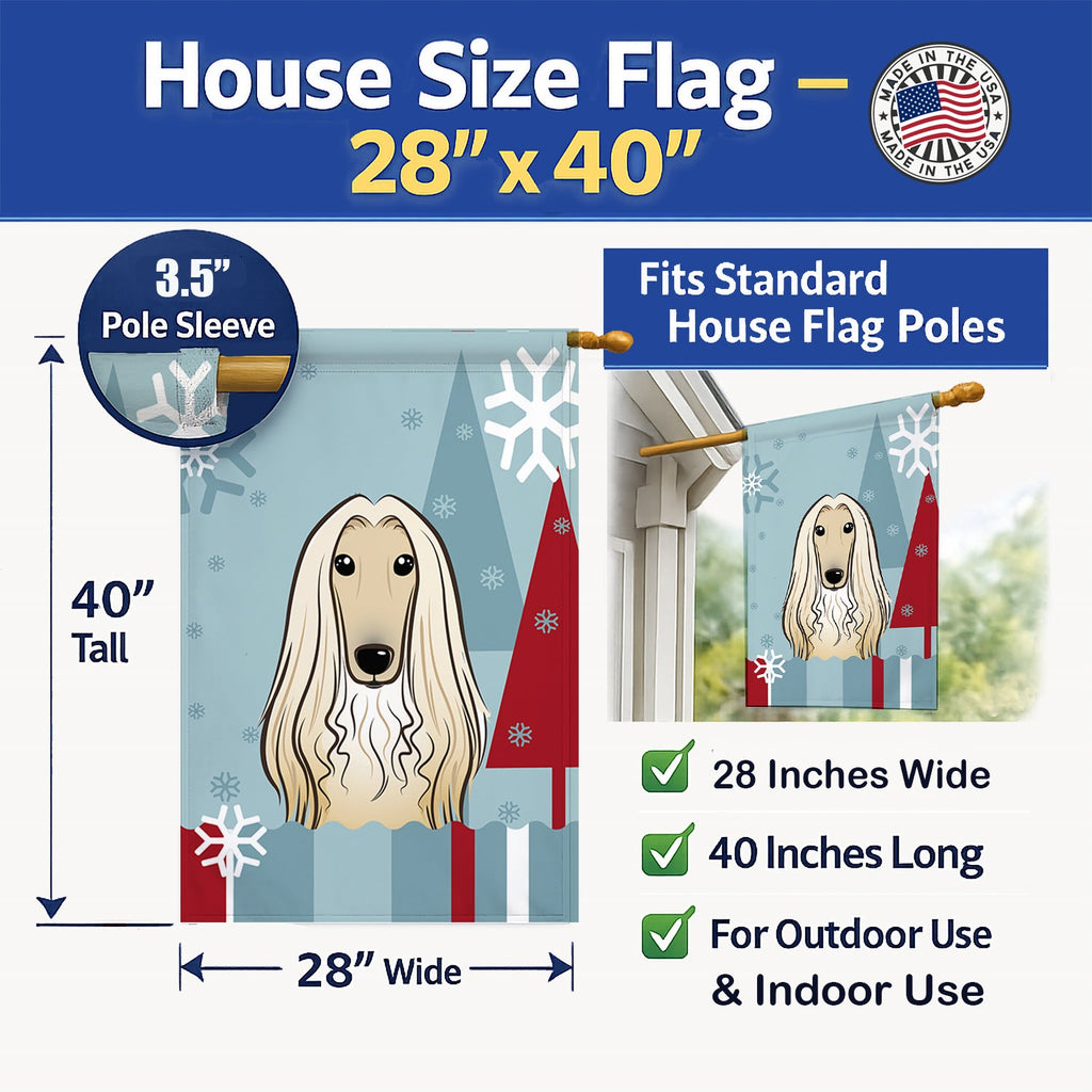Winter Holiday Afghan Hound House Flag 28x40 Porch Sleeve Pole Decorative Outside Yard Banner Artwork Wall Hanging, Polyester