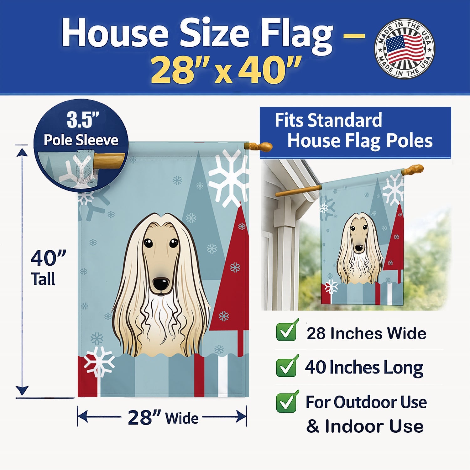 Winter Holiday Afghan Hound House Flag 28x40 Porch Sleeve Pole Decorative Outside Yard Banner Artwork Wall Hanging, Polyester