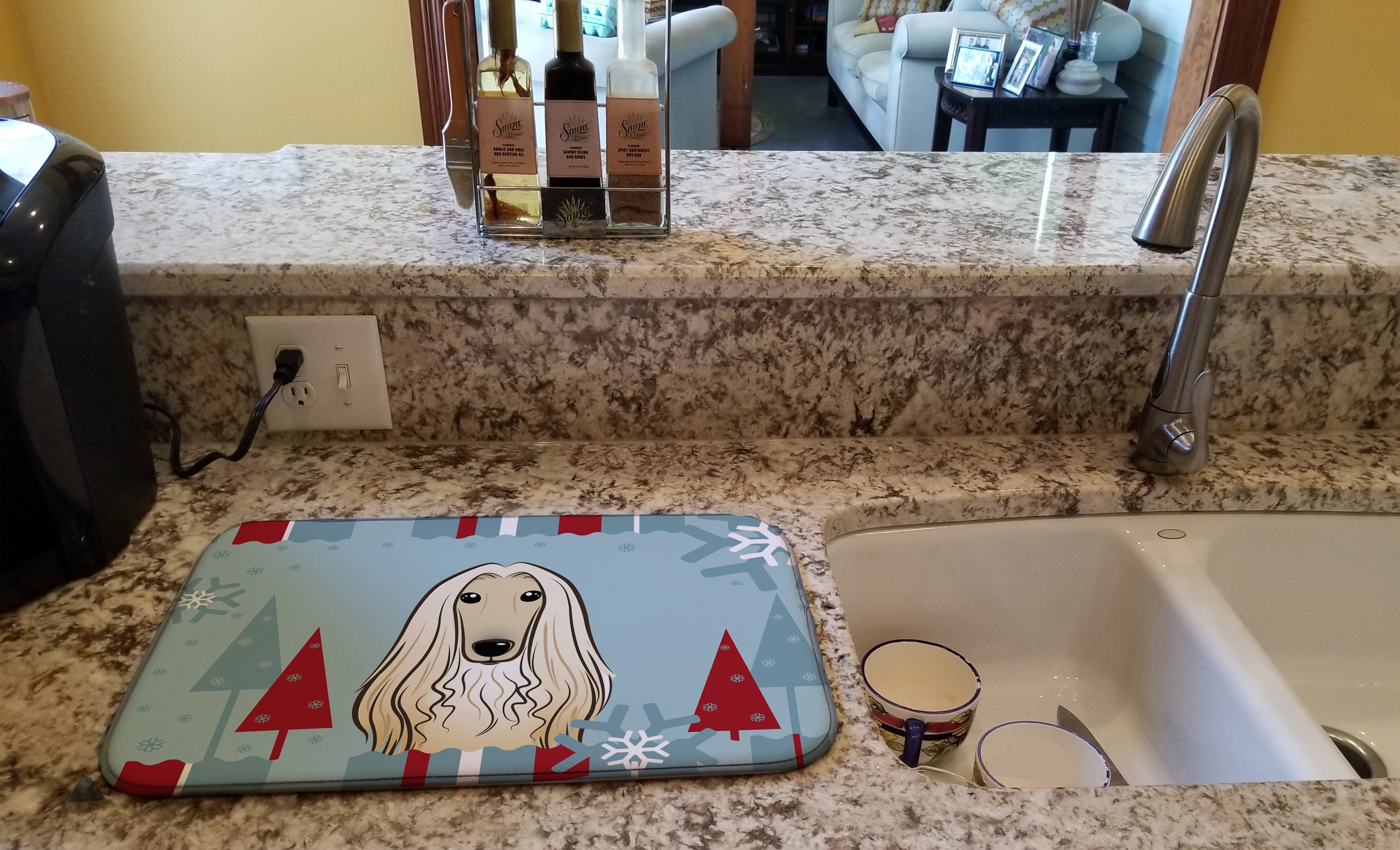 Winter Holiday Afghan Hound Dish Drying Mat Absorbent Dish Drying Mat Pad for Kitchen Counter Dish Drainer Mat for Countertop, 14 x 21", Multicolor