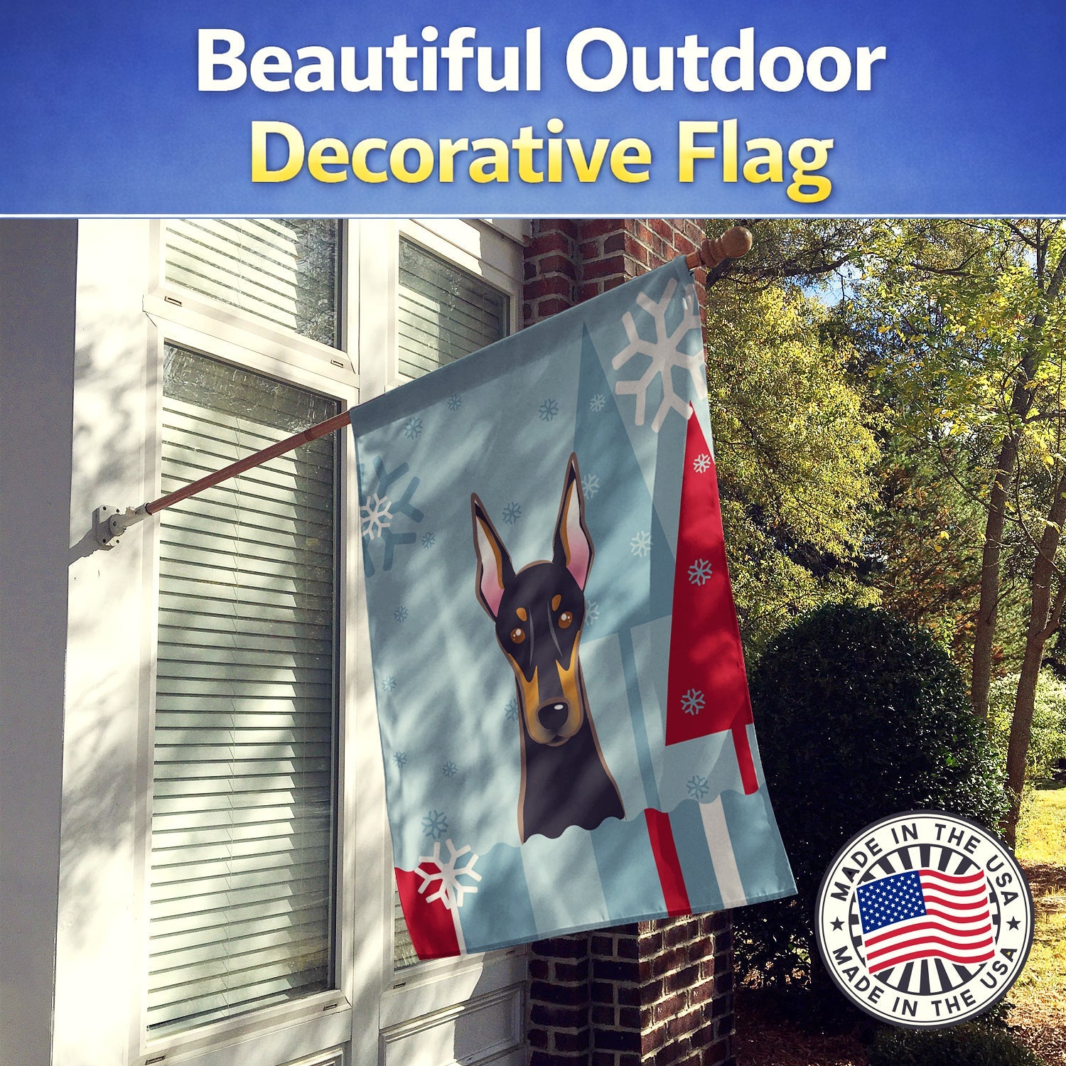 Winter Holiday Doberman House Flag 28x40 Porch Sleeve Pole Decorative Outside Yard Banner Artwork Wall Hanging, Polyester
