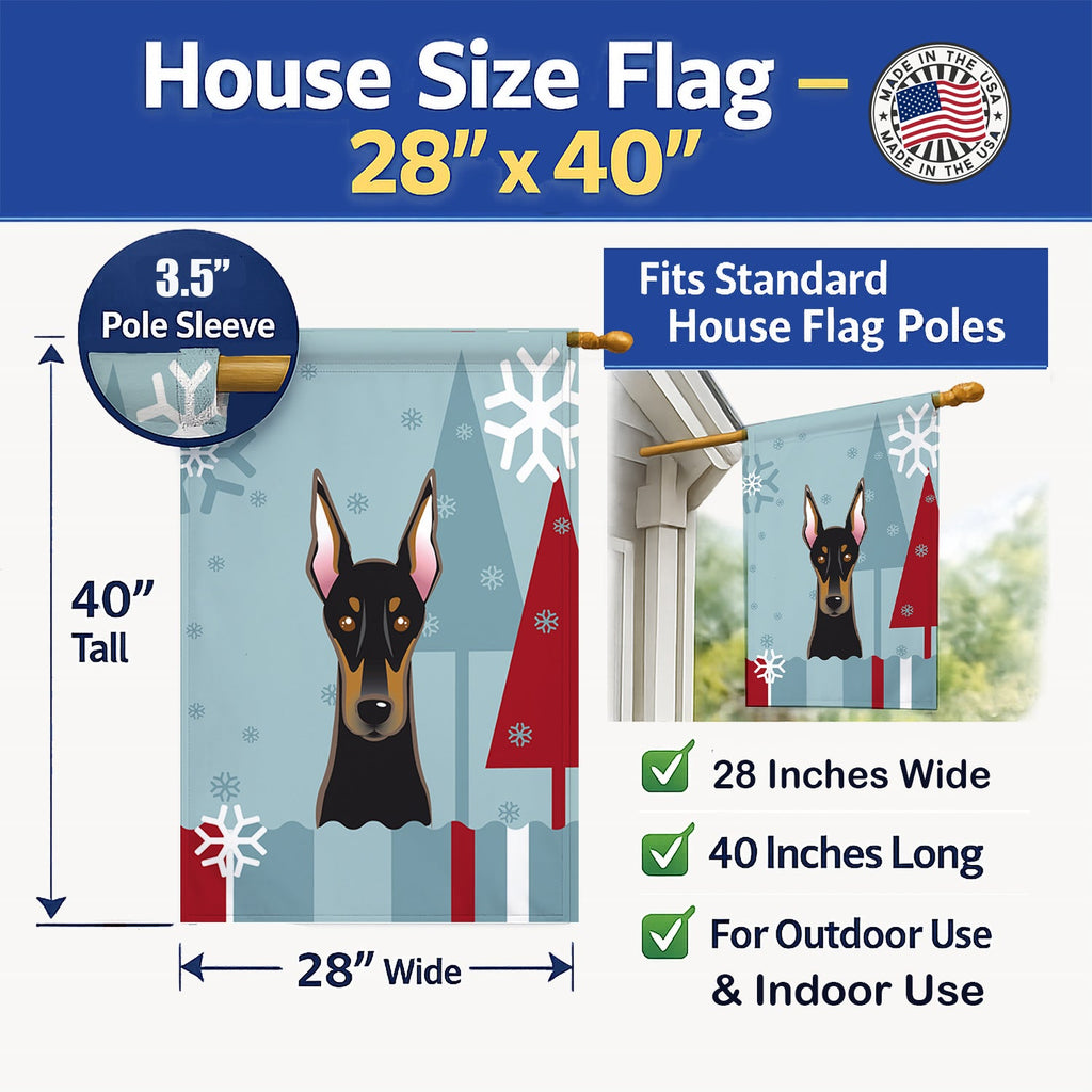 Winter Holiday Doberman House Flag 28x40 Porch Sleeve Pole Decorative Outside Yard Banner Artwork Wall Hanging, Polyester