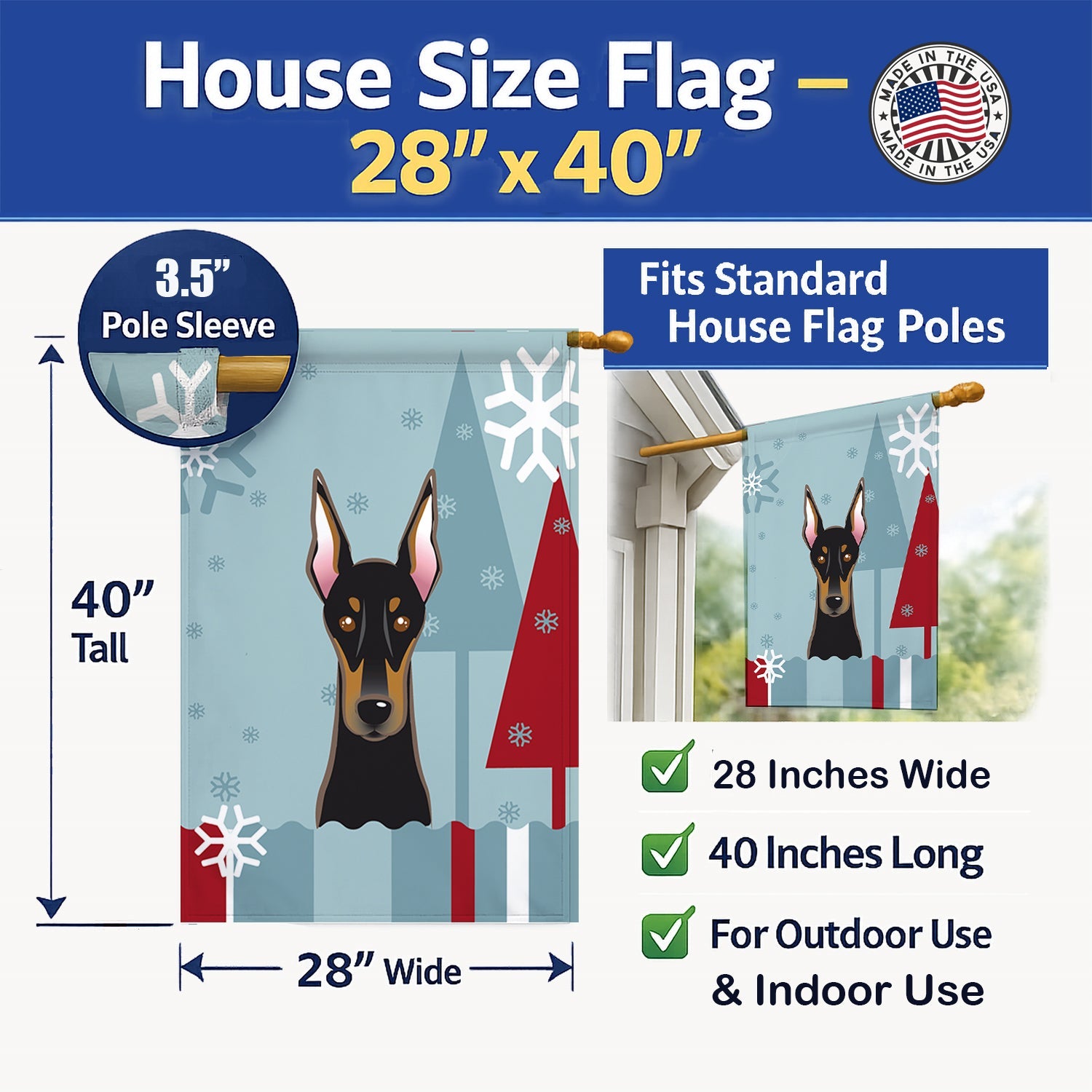 Winter Holiday Doberman House Flag 28x40 Porch Sleeve Pole Decorative Outside Yard Banner Artwork Wall Hanging, Polyester