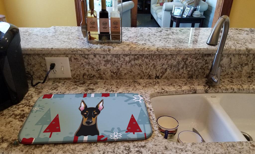 Winter Holiday Doberman Dish Drying Mat Absorbent Dish Drying Mat Pad for Kitchen Counter Dish Drainer Mat for Countertop, 14 x 21", Multicolor