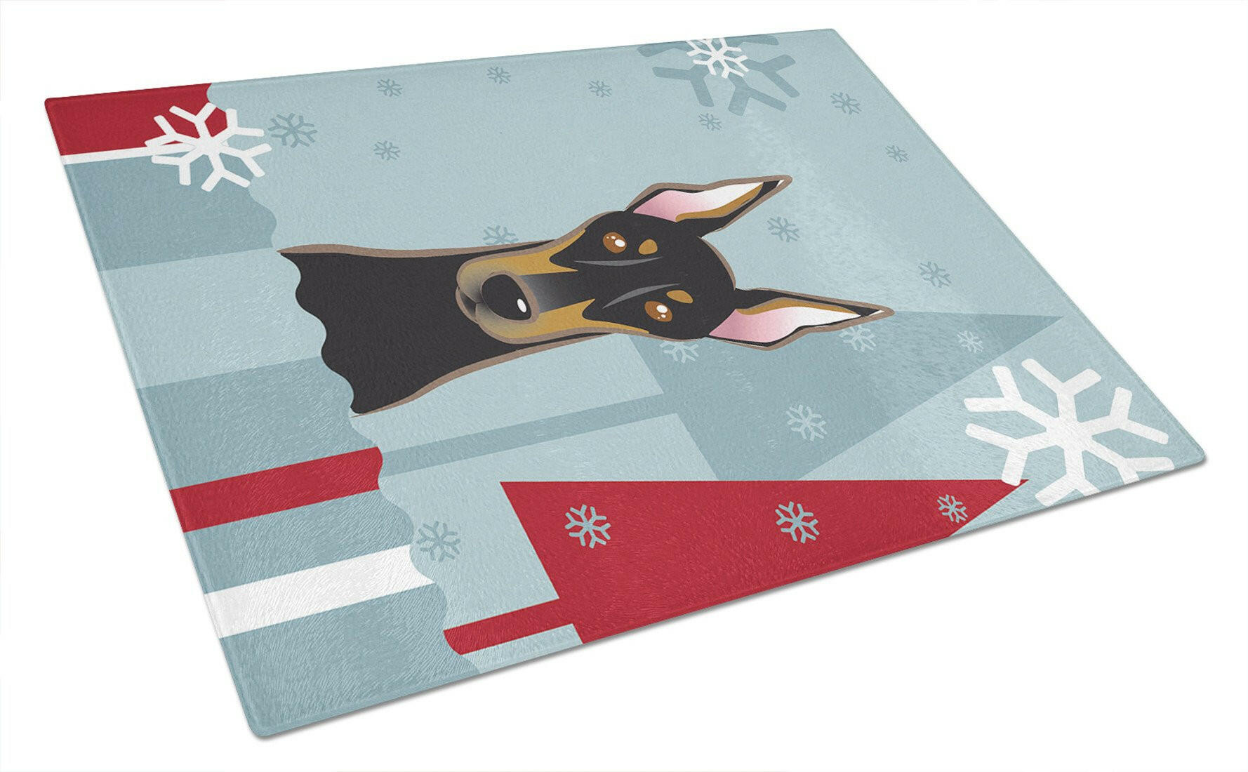 Winter Holiday Doberman Cutting Board Tempered Glass Kitchen Cutting Surface, Heat Resistant Chopping, Non-Slip Feet, Food Prep & Serving