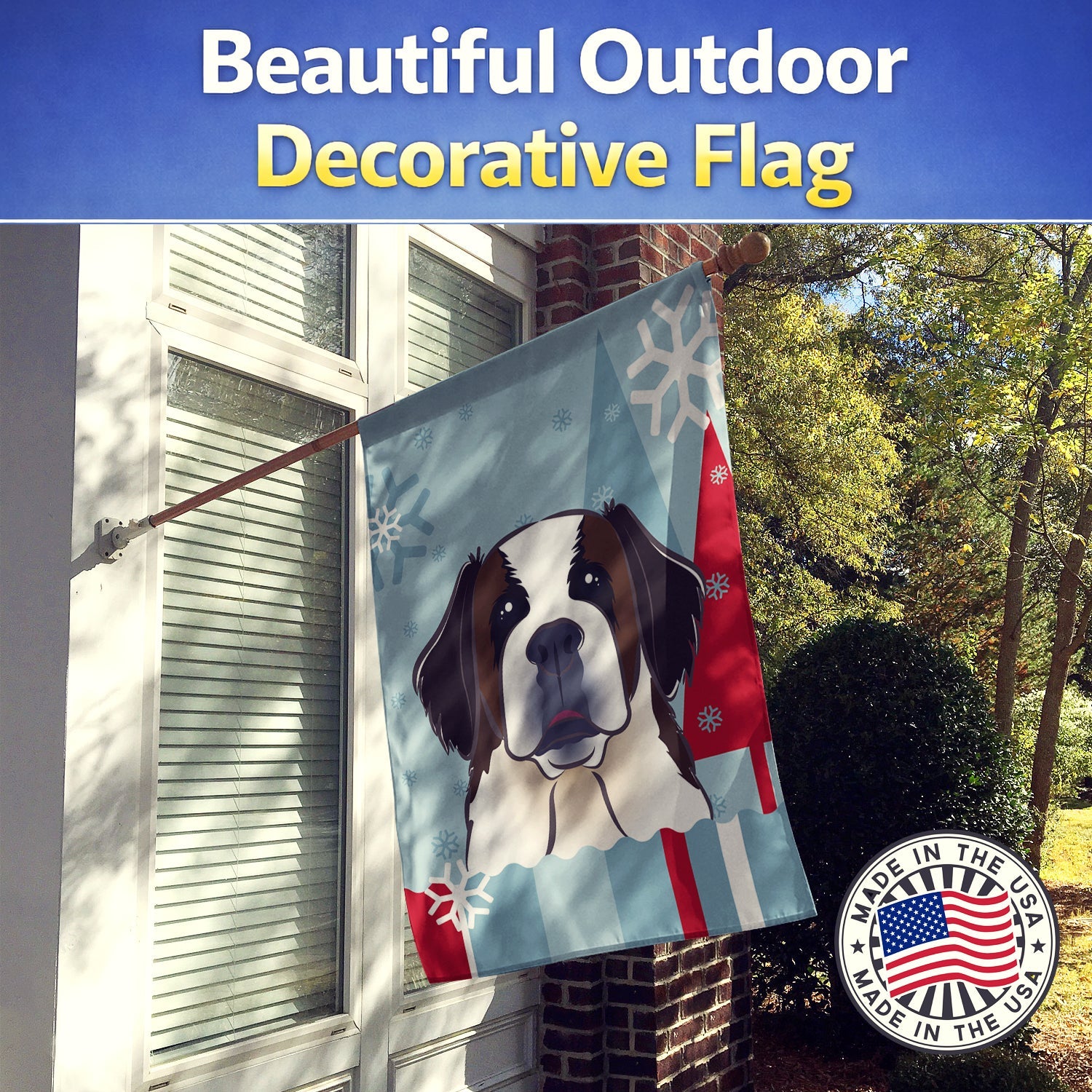 Winter Holiday Saint Bernard House Flag 28x40 Porch Sleeve Pole Decorative Outside Yard Banner Artwork Wall Hanging, Polyester